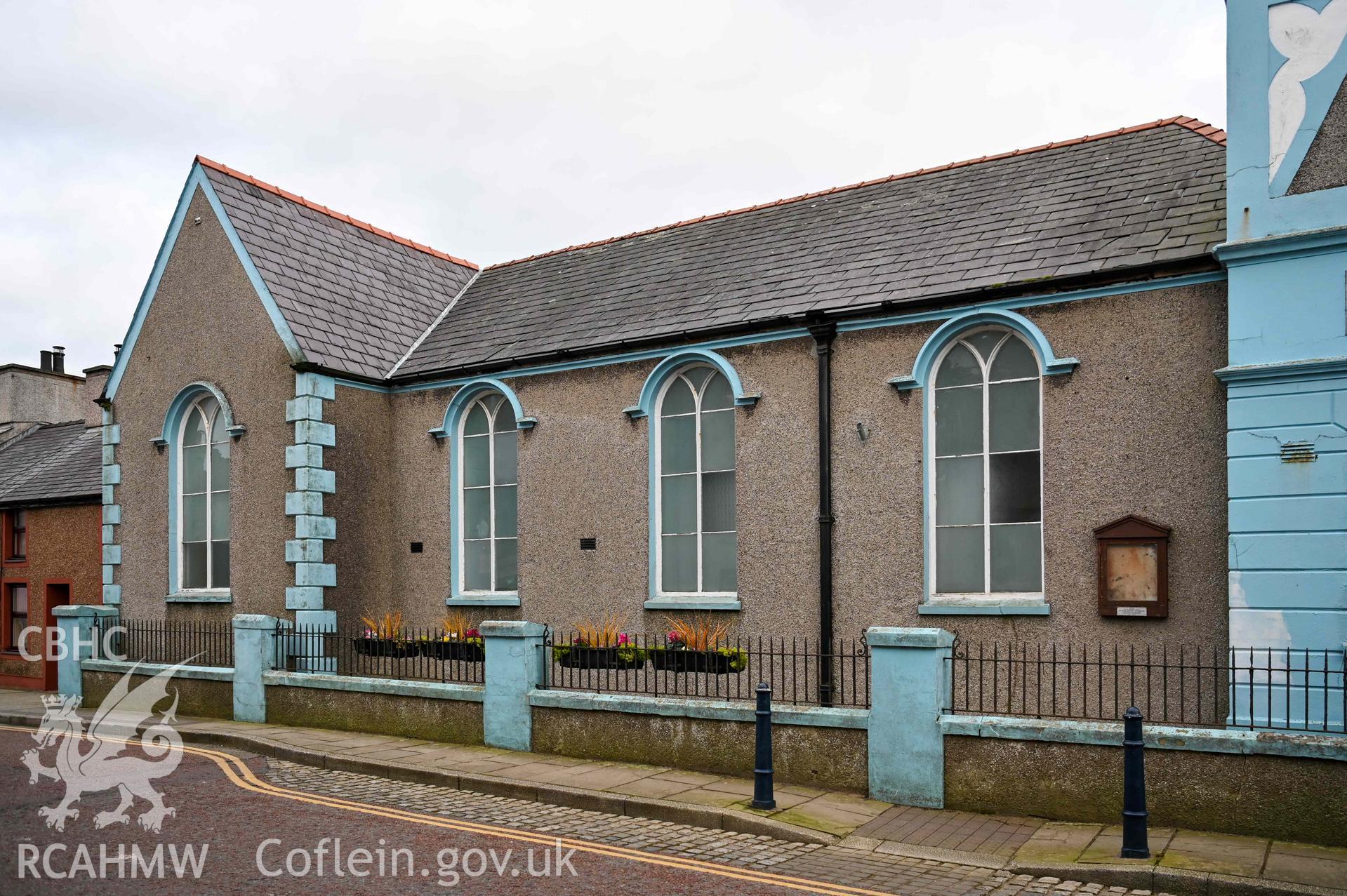 Bethel Welsh Independent Chapel, Cemaes - Detail of the side of the chapel, including service board, taken from North-West
