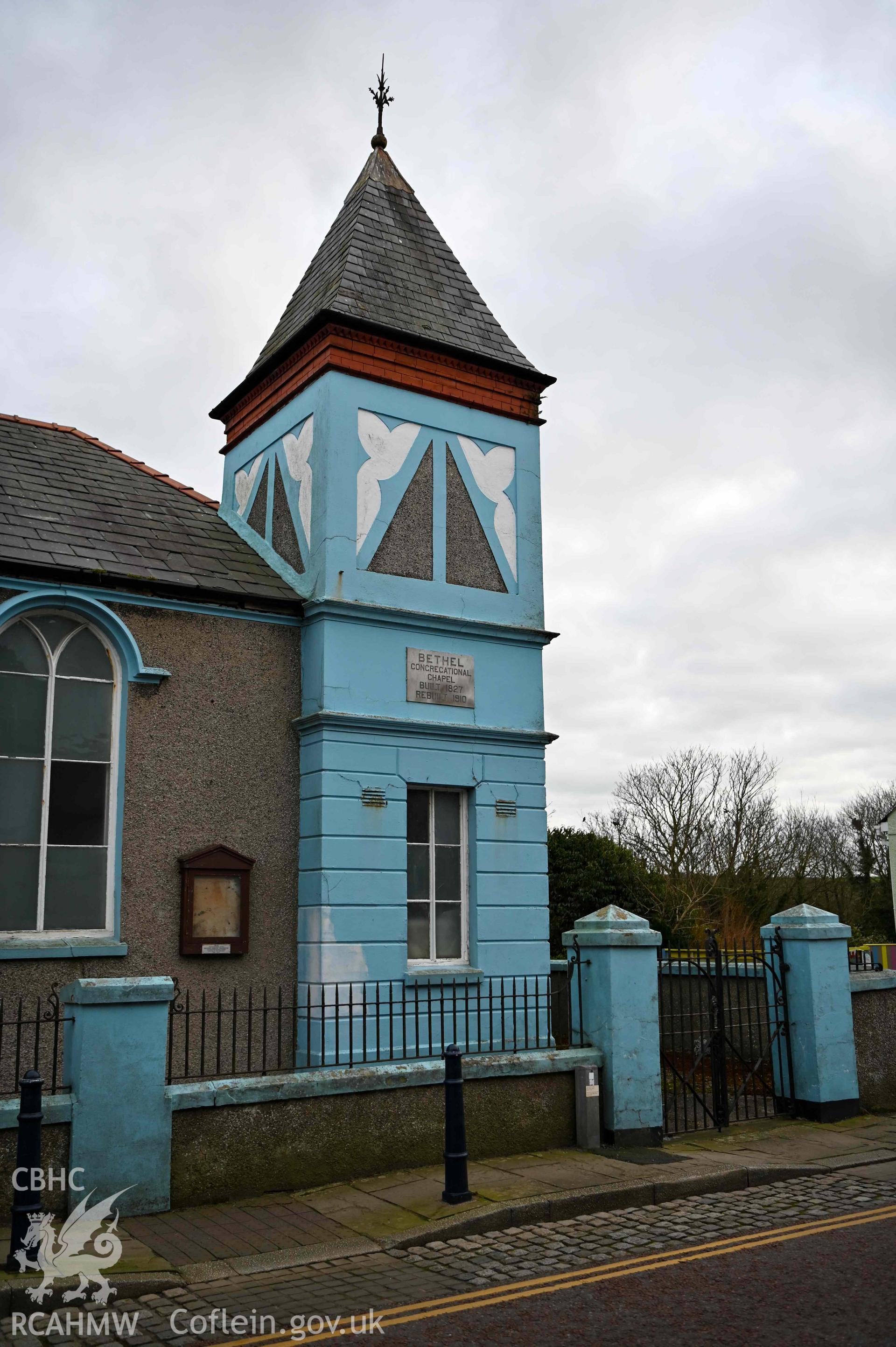 Bethel Welsh Independent Chapel, Cemaes - Side angle view of the blue steeple tower with plaque visible, taken from North-West