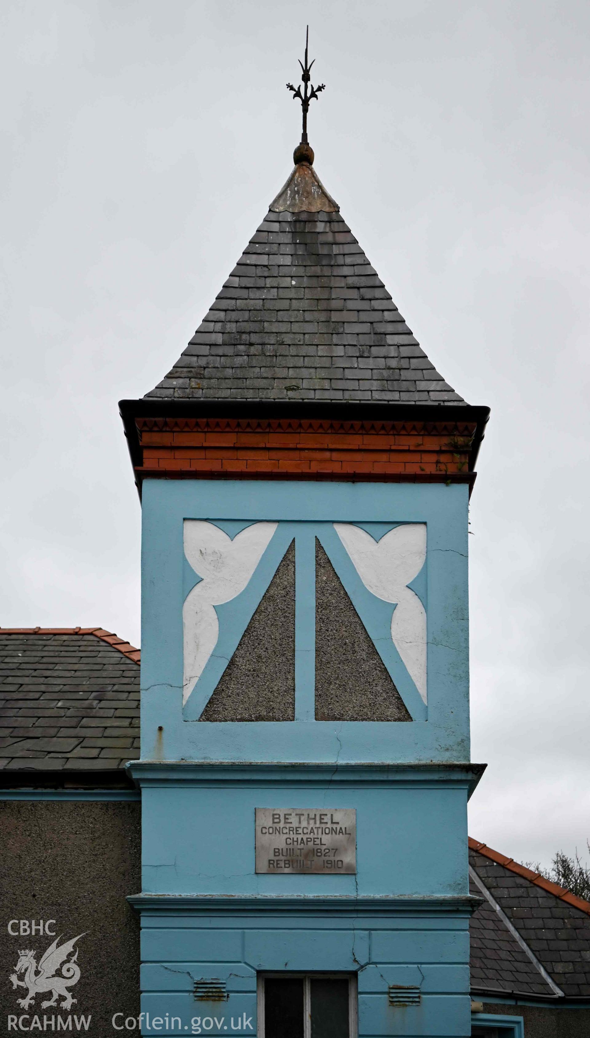 Bethel Welsh Independent Chapel, Cemaes - Detailed view of the top half of the chapel's blue steeple tower, taken from West