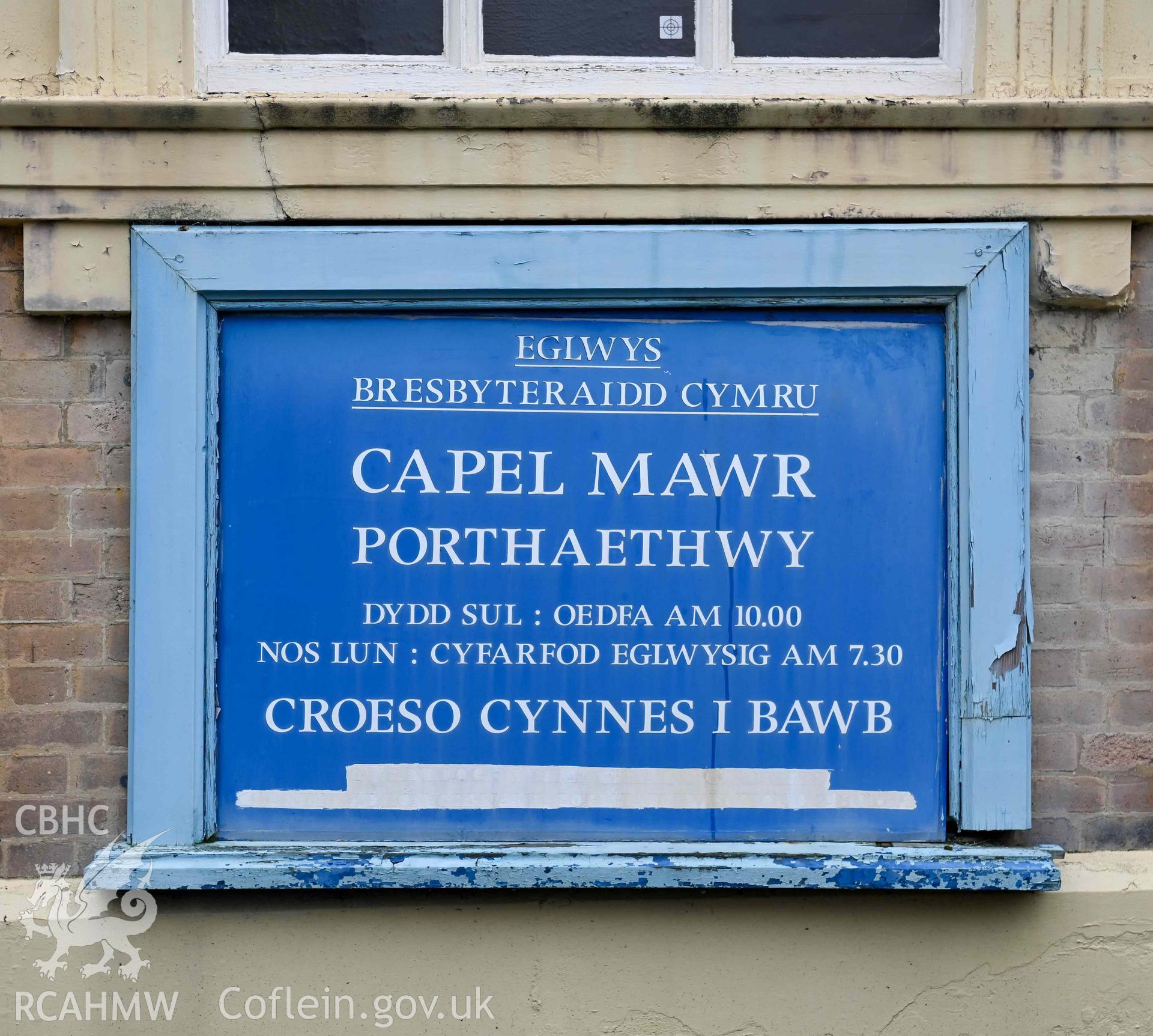 Beersheba Welsh Calvinistic Methodist Chapel - Detailed view of the church service board, taken from South-East