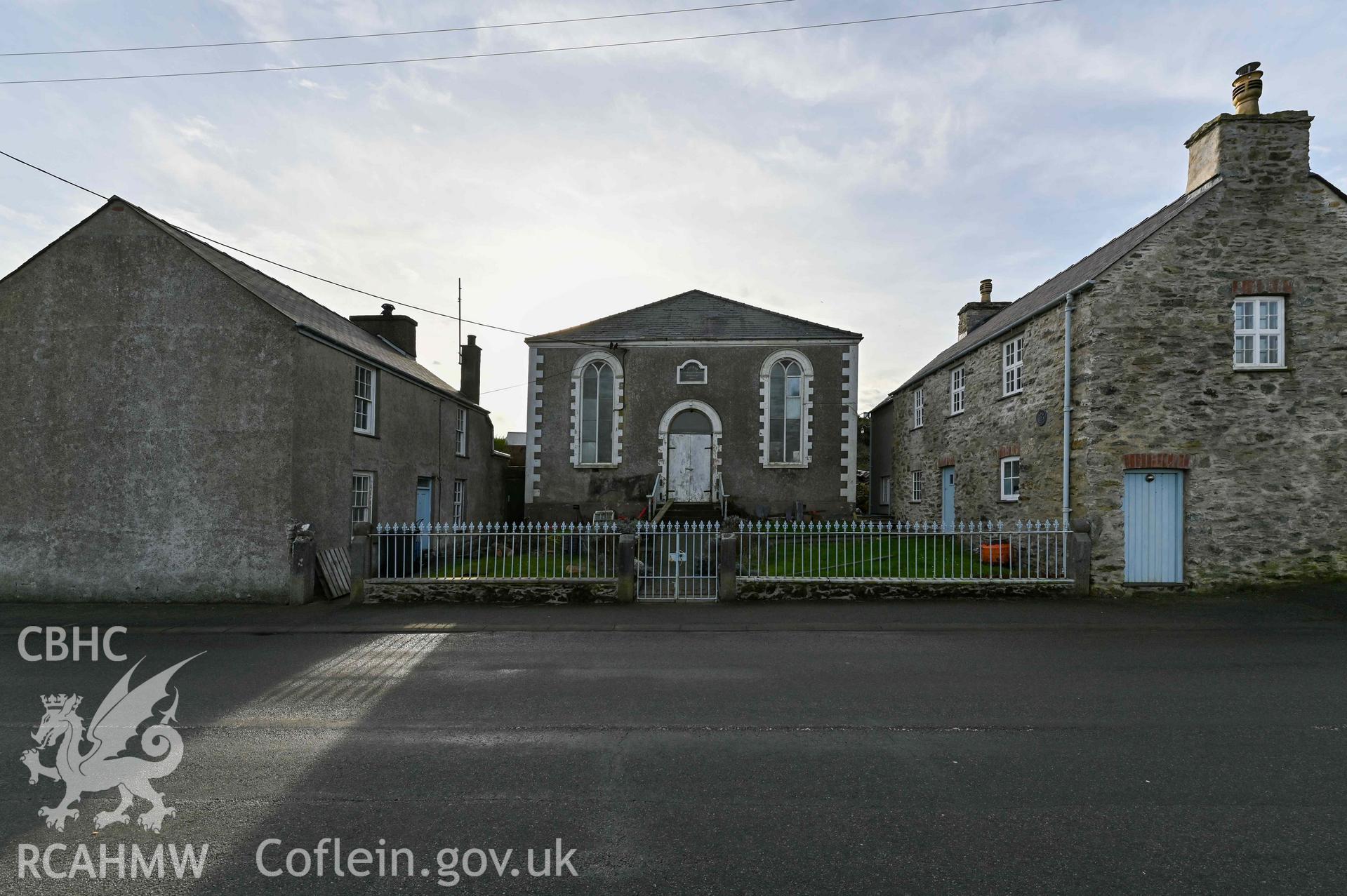 Bosrah Welsh Calvinistic Methodist Chapel - View of the front of the chapel, along with adjacent houses, taken from North-East