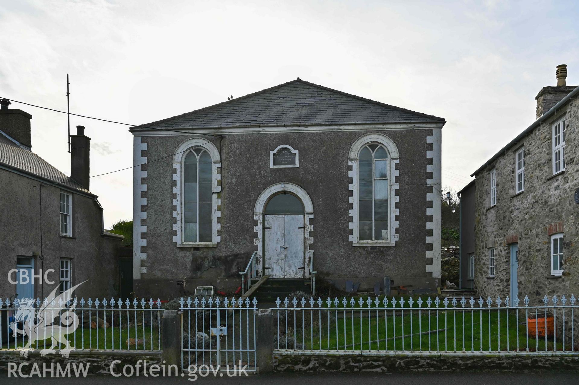 Bosrah Welsh Calvinistic Methodist Chapel - View of the front of the chapel with adjacent houses, taken from North-East