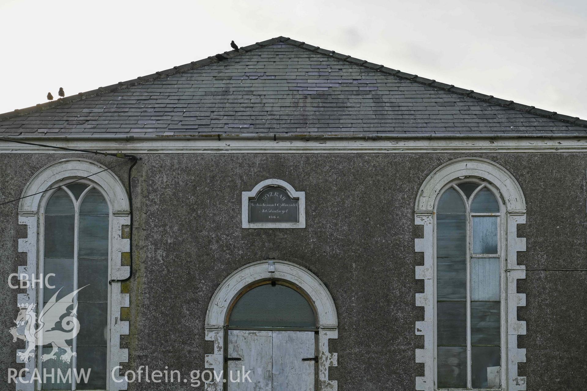 Bosrah Welsh Calvinistic Methodist Chapel - Detailed view of the chapel windows and plaque above the door, taken from East