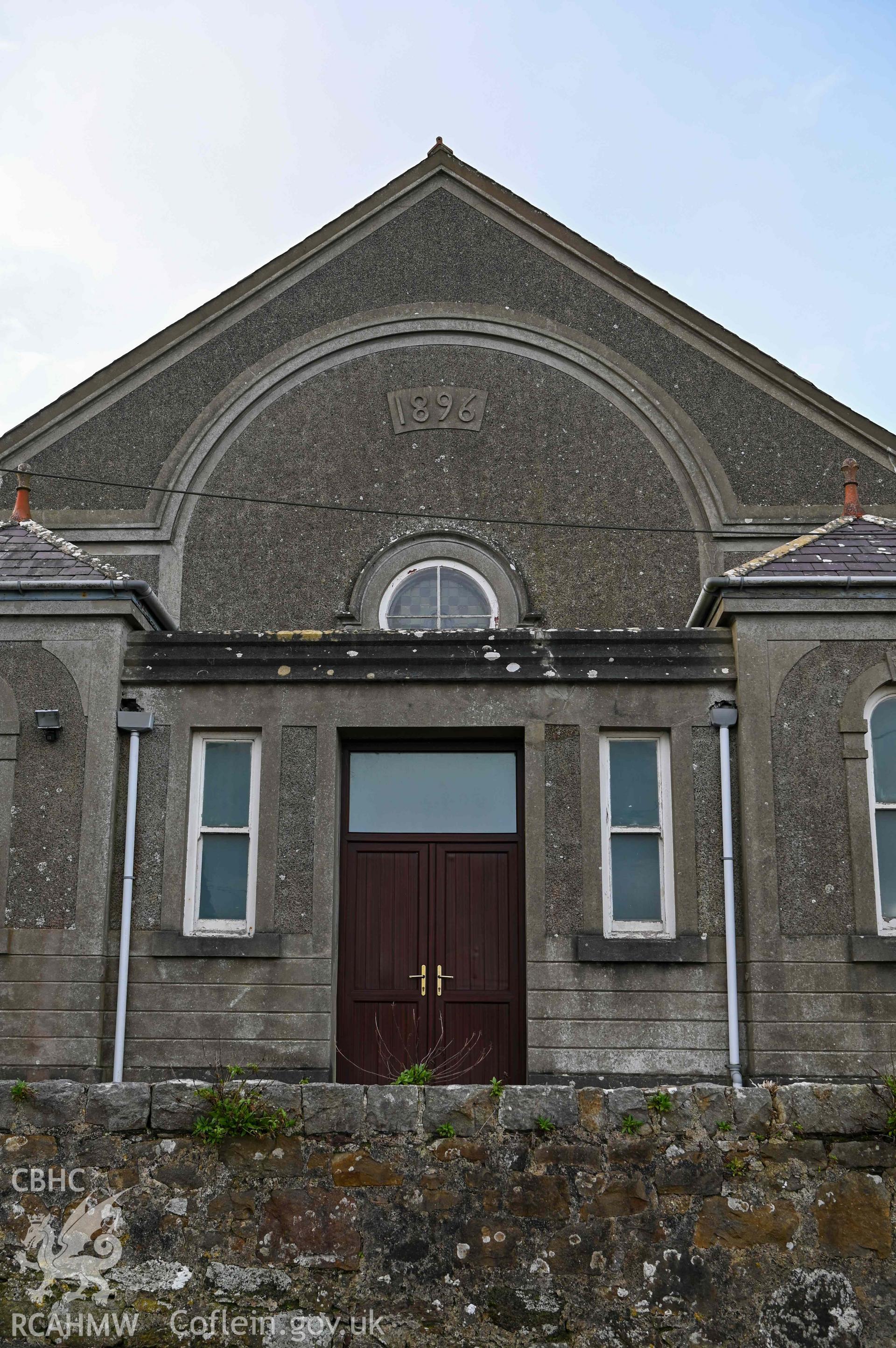 Brynyrefail Chapel - View of the front of the chapel, detail of the door and façade, taken from North