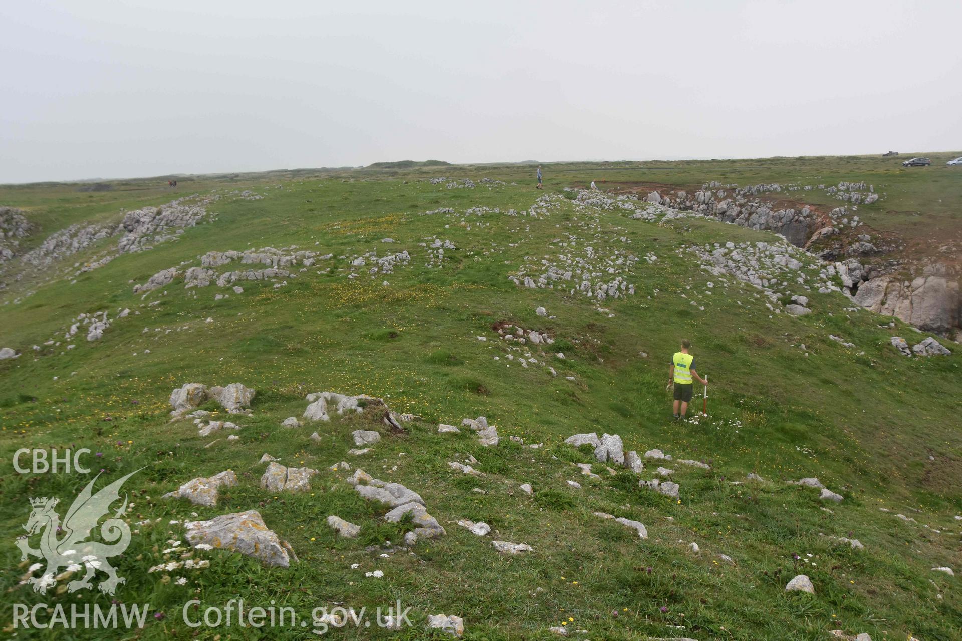 Looking south across the possible causeway/entrance and ditch of the promontory enclosure