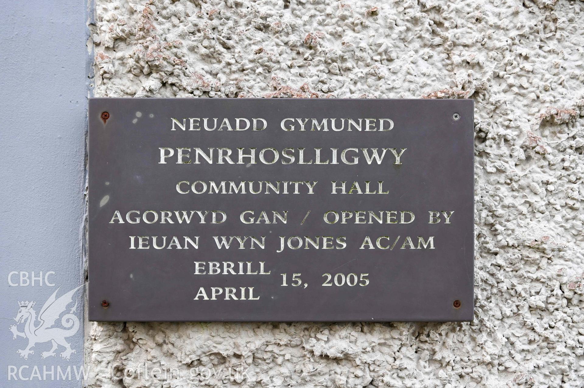 Brynyrefail Chapel - Detailed view of the plaque on the chapel house, taken from East