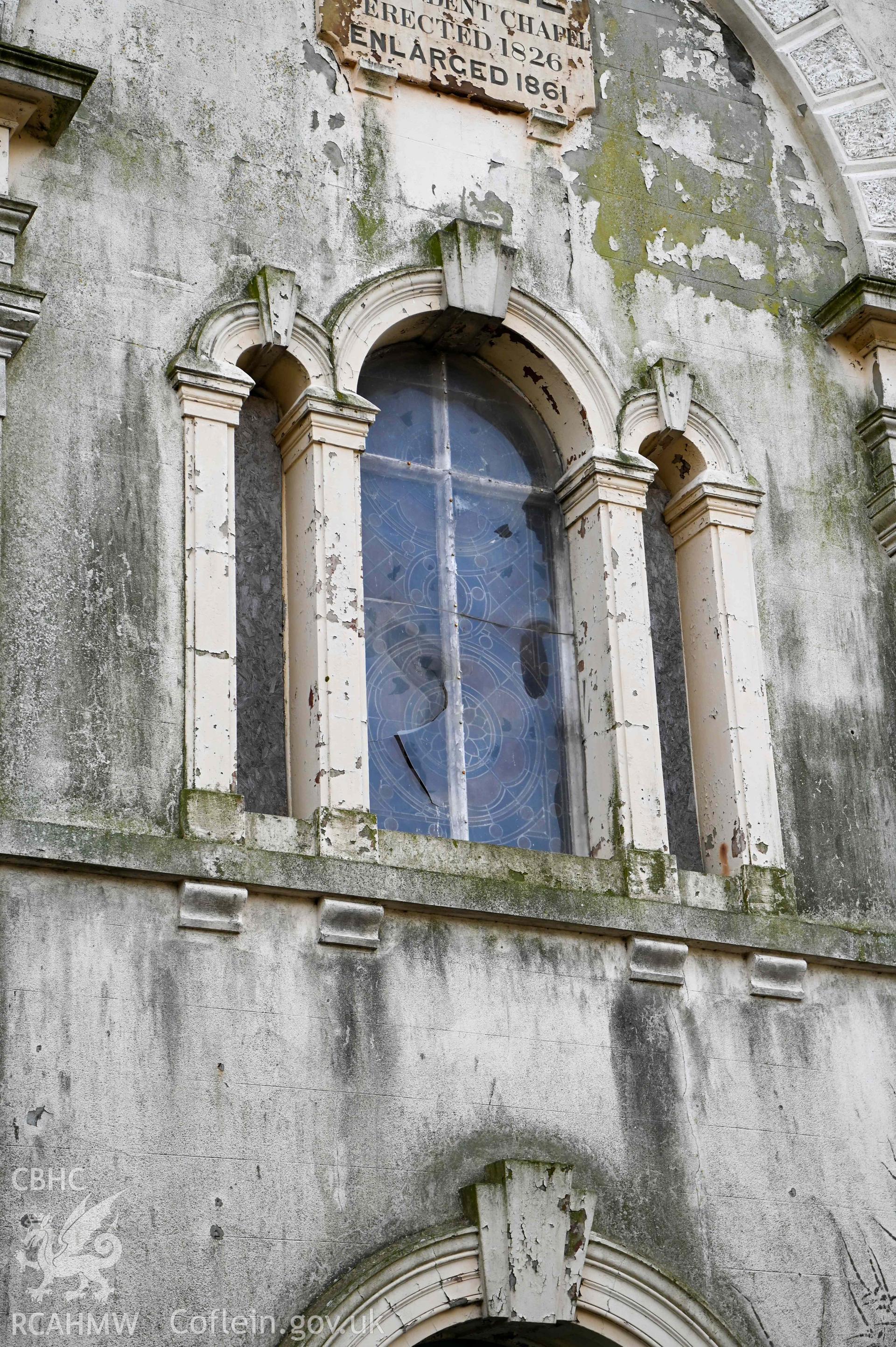 Carmel Welsh Independent Chapel - Detail of shattered window above door on front of chapel, taken from North-East