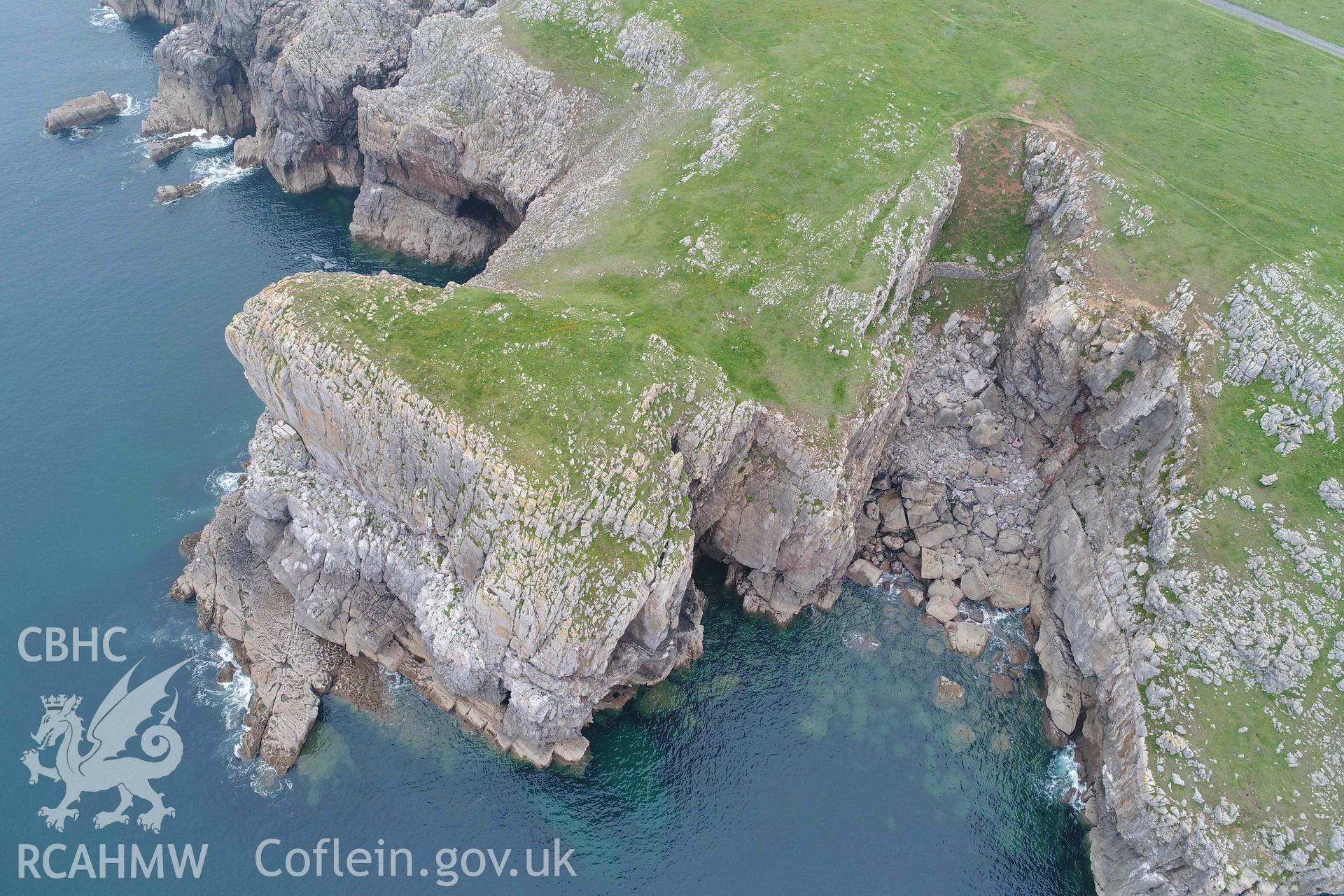 UAV image looking northwest across Crickmail Down promonoty enclosute and  quay