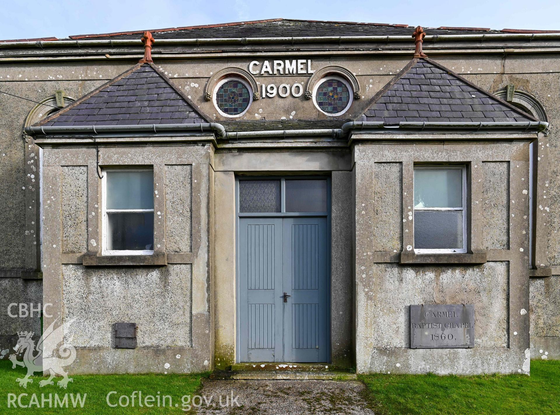 Carmel Welsh Baptist Church - Detailed view of the front entrance, taken from North-West