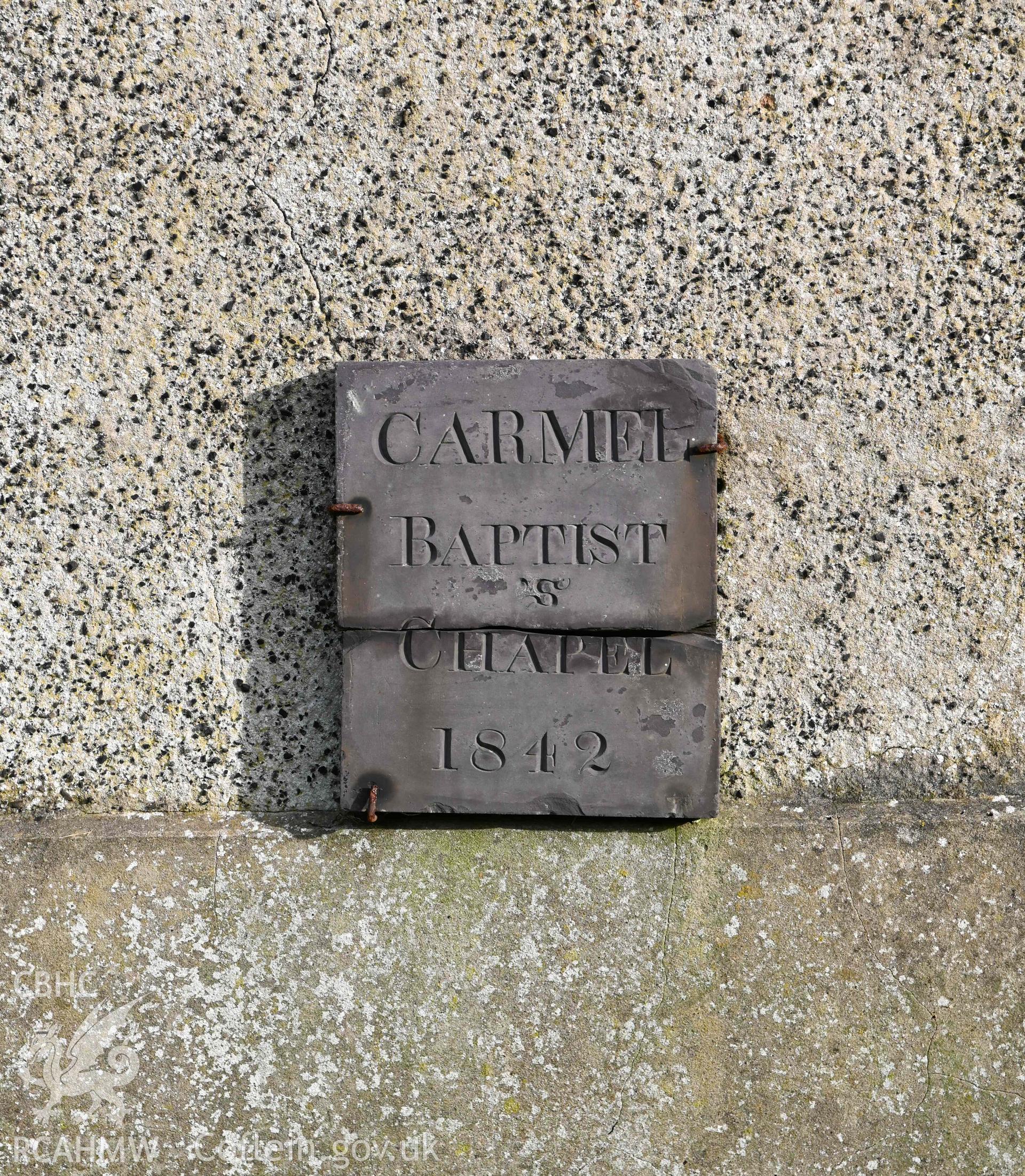 Carmel Welsh Baptist Church - Detailed view of a second plaque on the front entrance, taken from West