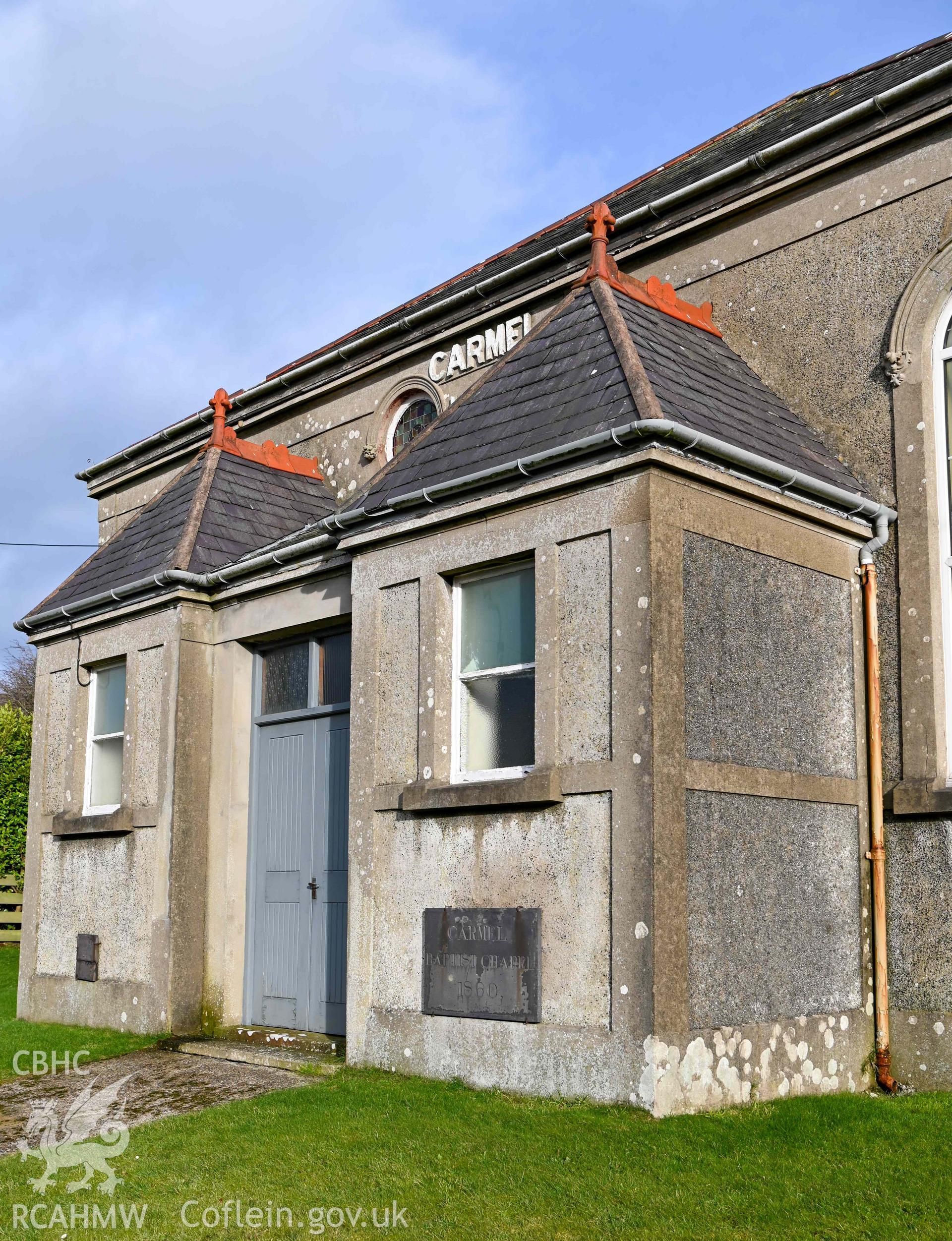 Carmel Welsh Baptist Church - Side view of the front entrance to the church, taken from South-West