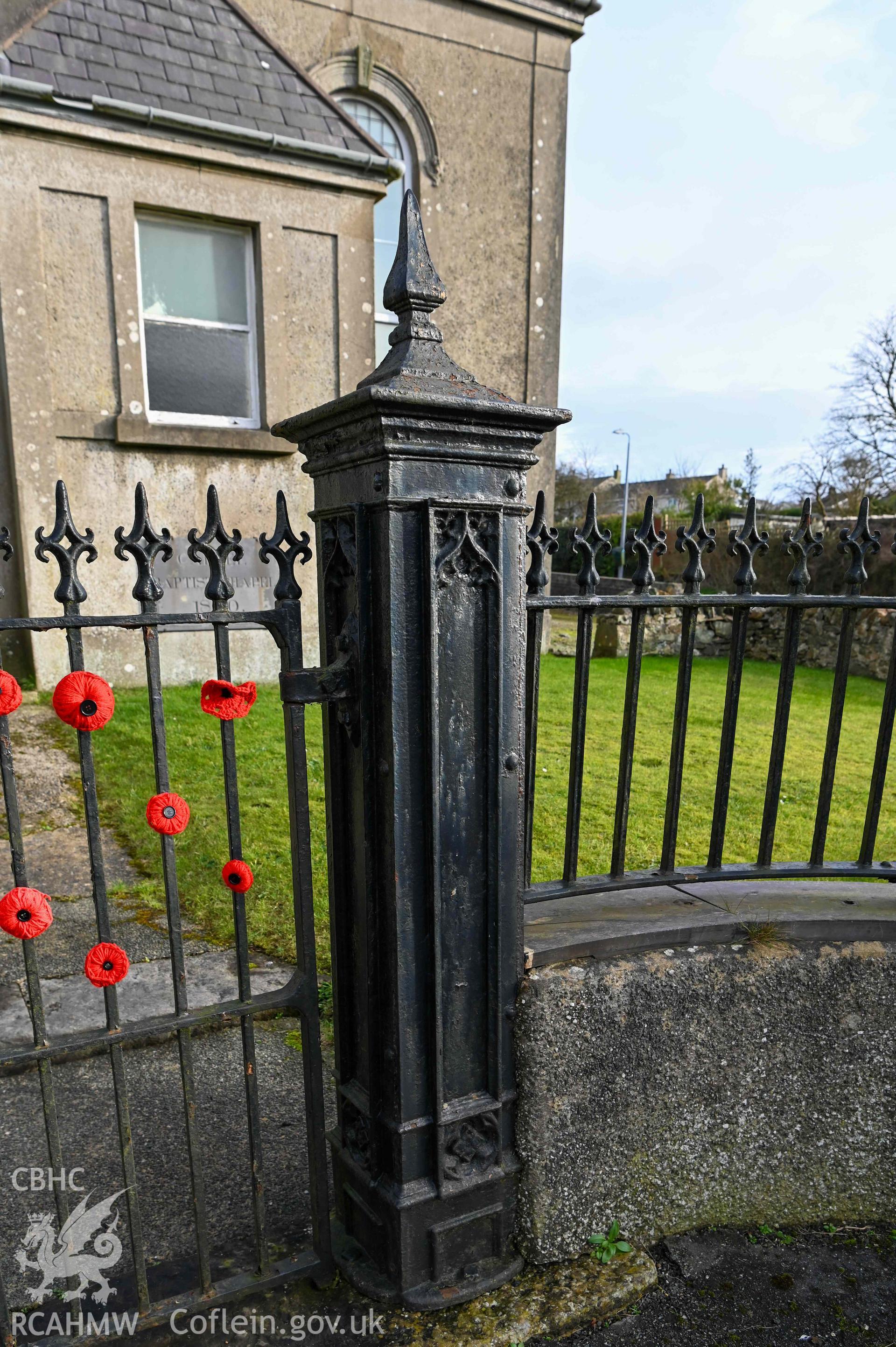 Carmel Welsh Baptist Church - Detailed view of a church gatepost, taken from West