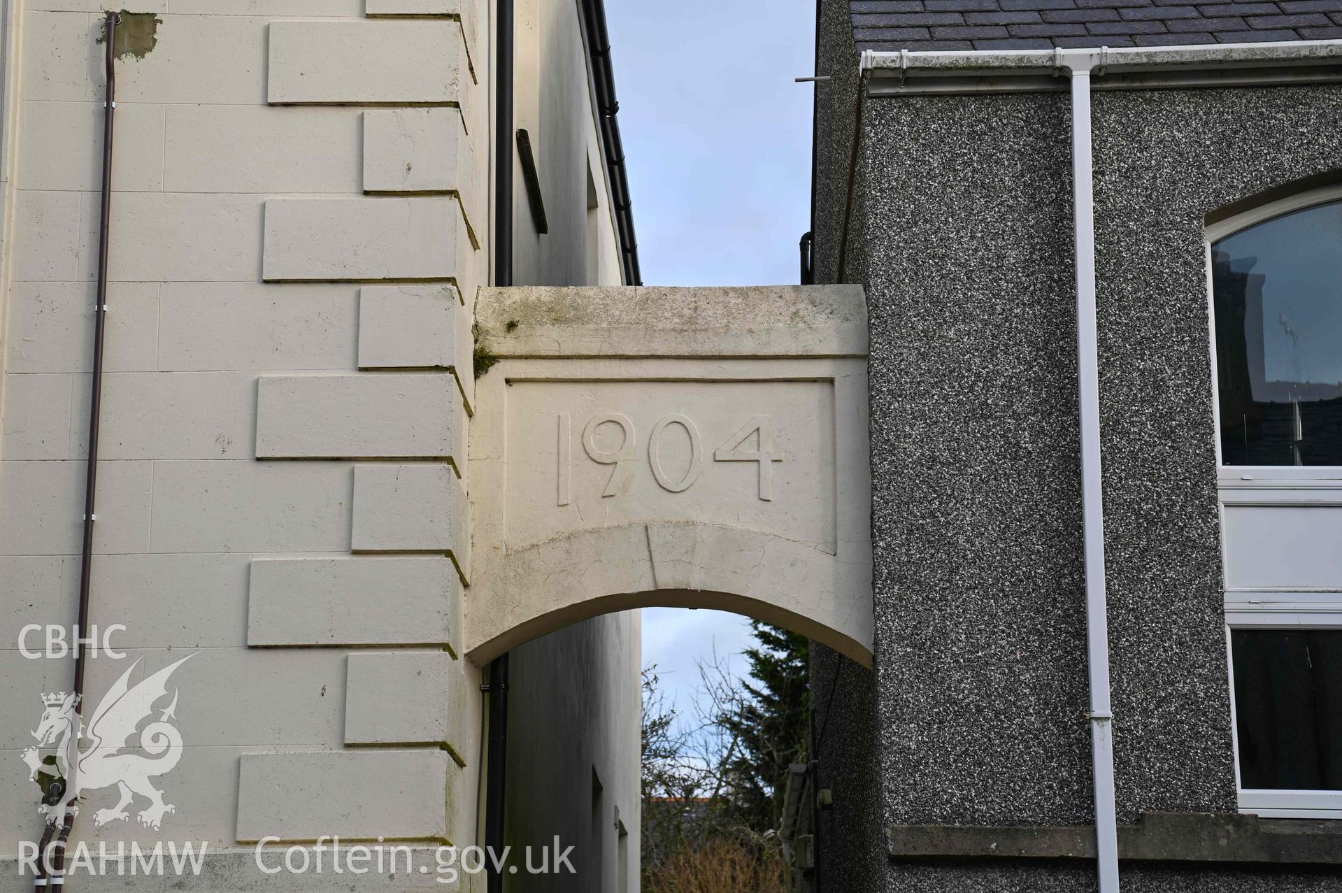 Salem Welsh Baptist Church - Close detail of inscription above side passage to church, taken from West