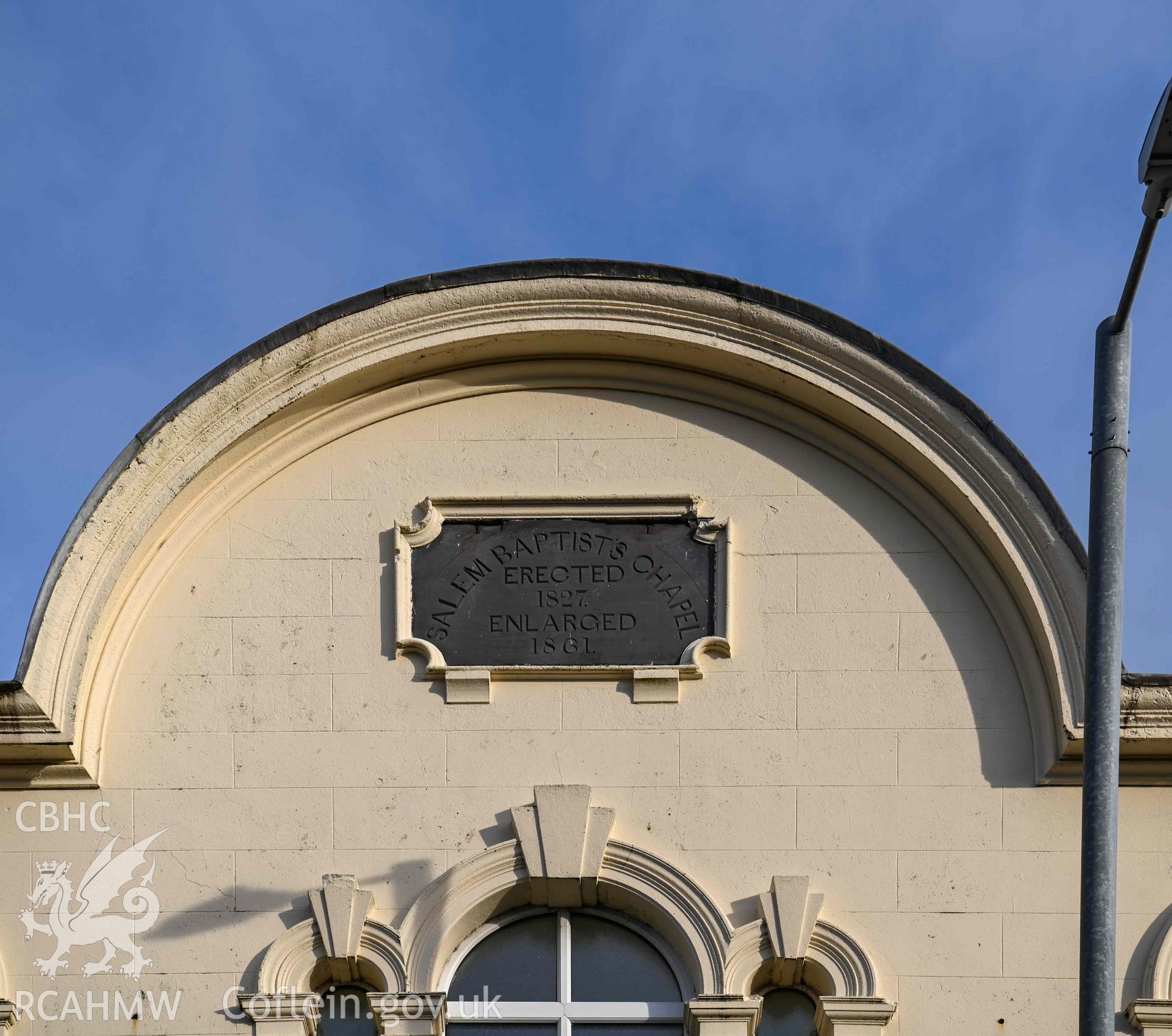 Salem Welsh Baptist Church - Detail of plaque on front of building, taken from ground level, taken from West