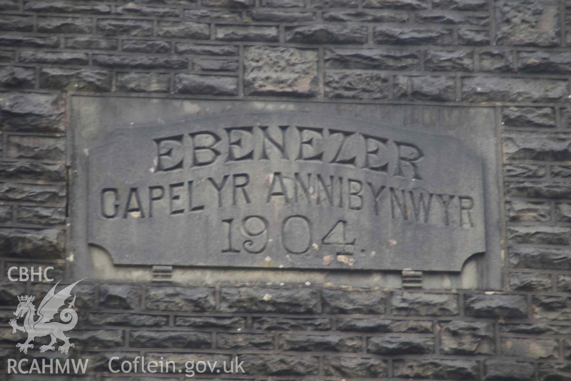 Photograph showing Ebenezer Chapel 1904 – Exterior views - plaque, from an Archaeological Building Investigation & Recording of Ebenezer chapel, Rhos, carried out by HRS Wales in 2023.