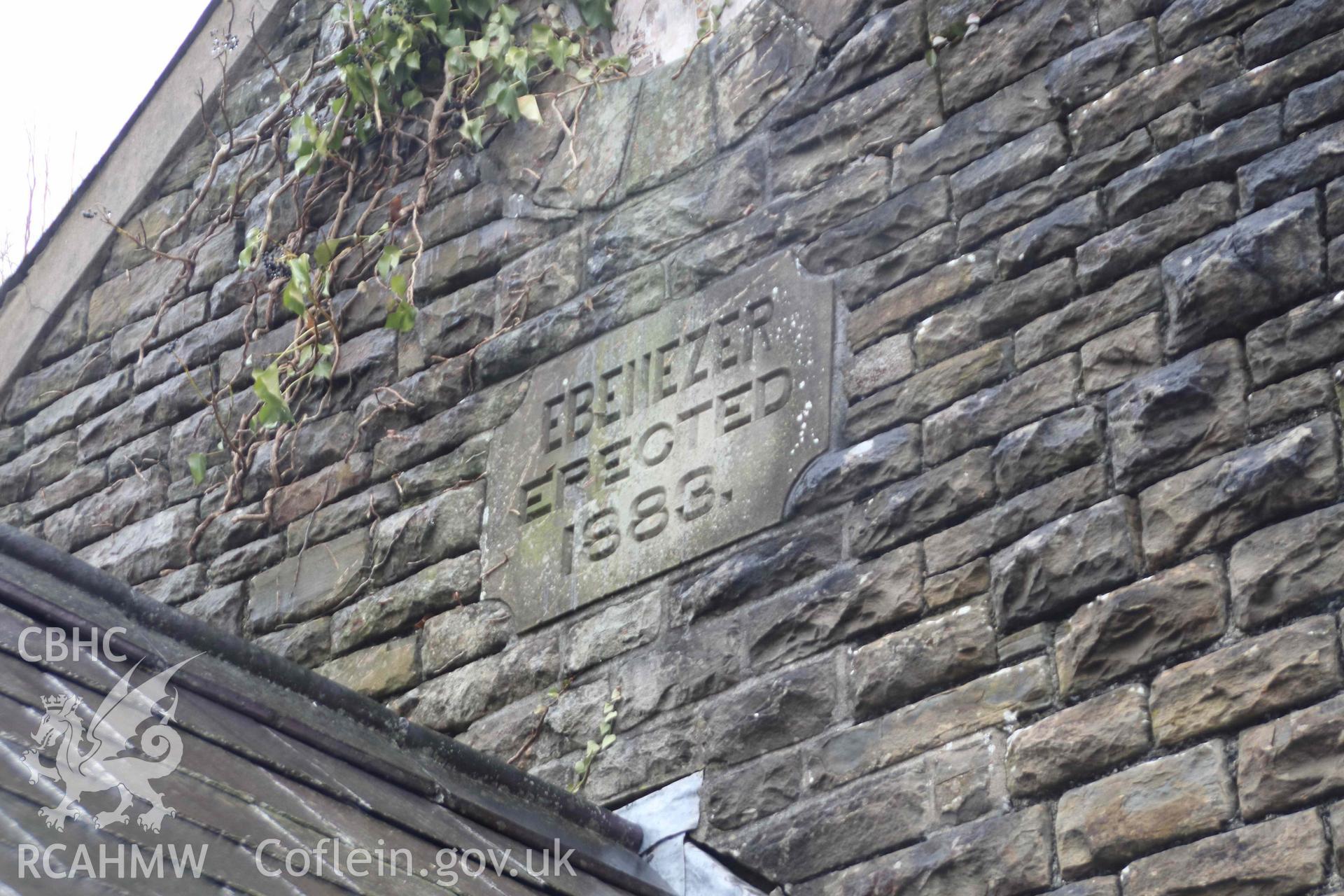 Photograph showing Ebenezer Chapel 1904 – Exterior views - plaque, from an Archaeological Building Investigation & Recording of Ebenezer chapel, Rhos, carried out by HRS Wales in 2023.