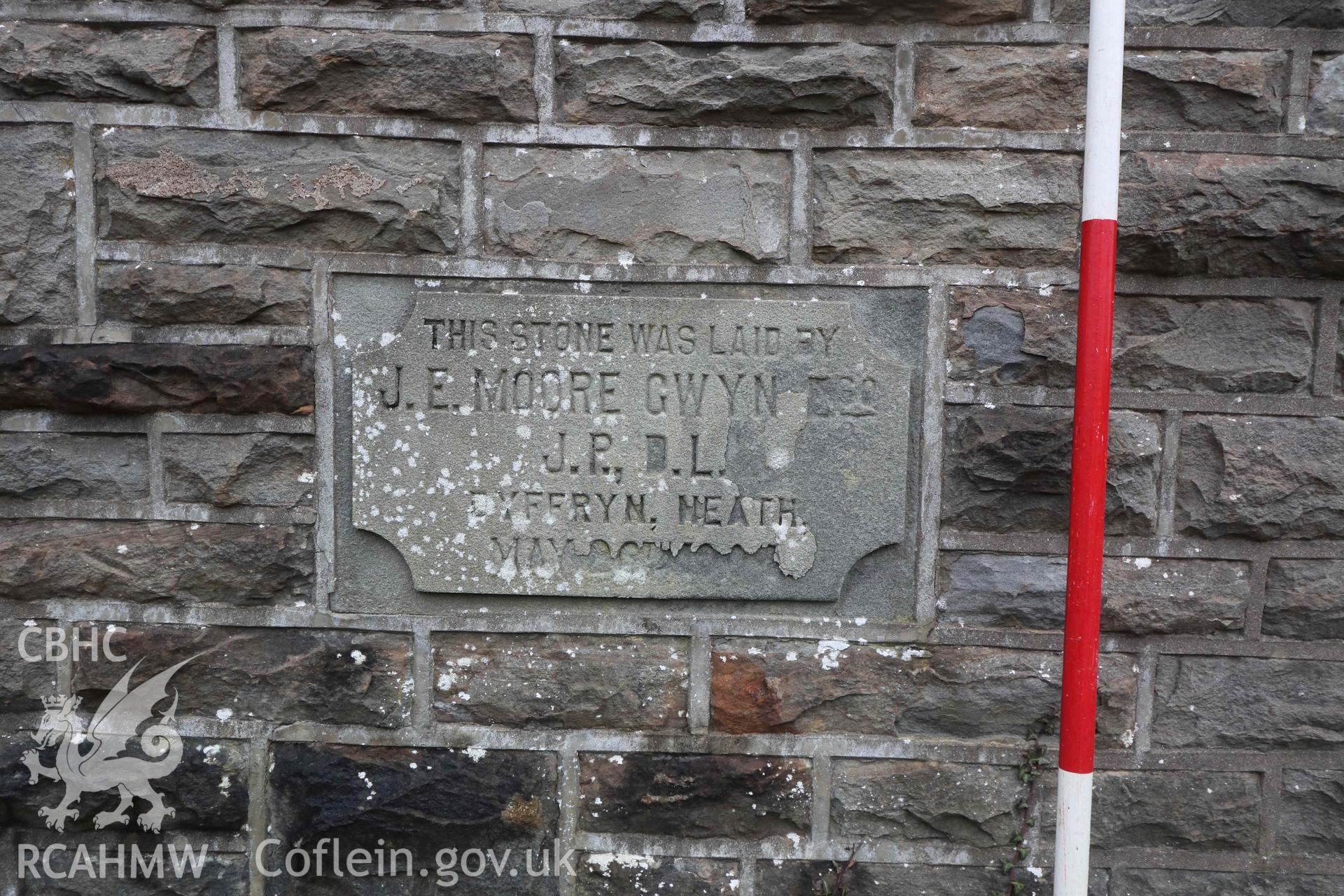 Photograph showing Ebenezer Chapel 1904 – Exterior views - plaque, from an Archaeological Building Investigation & Recording of Ebenezer chapel, Rhos, carried out by HRS Wales in 2023.