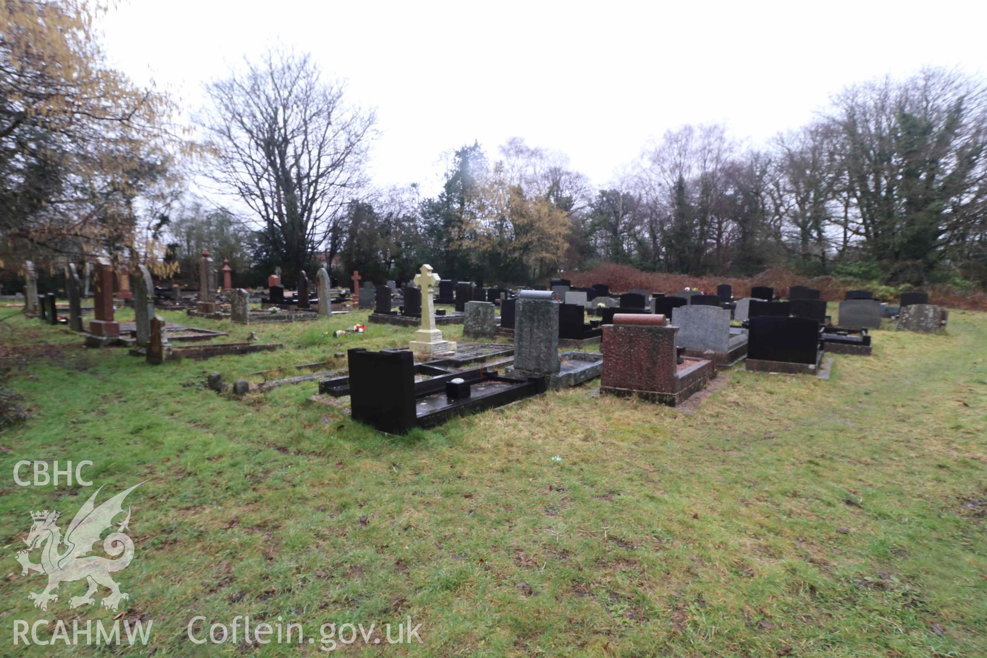 Photograph showing Ebenezer Chapel cemetery, from an Archaeological Building Investigation & Recording of Ebenezer chapel, Rhos, carried out by HRS Wales in 2023.