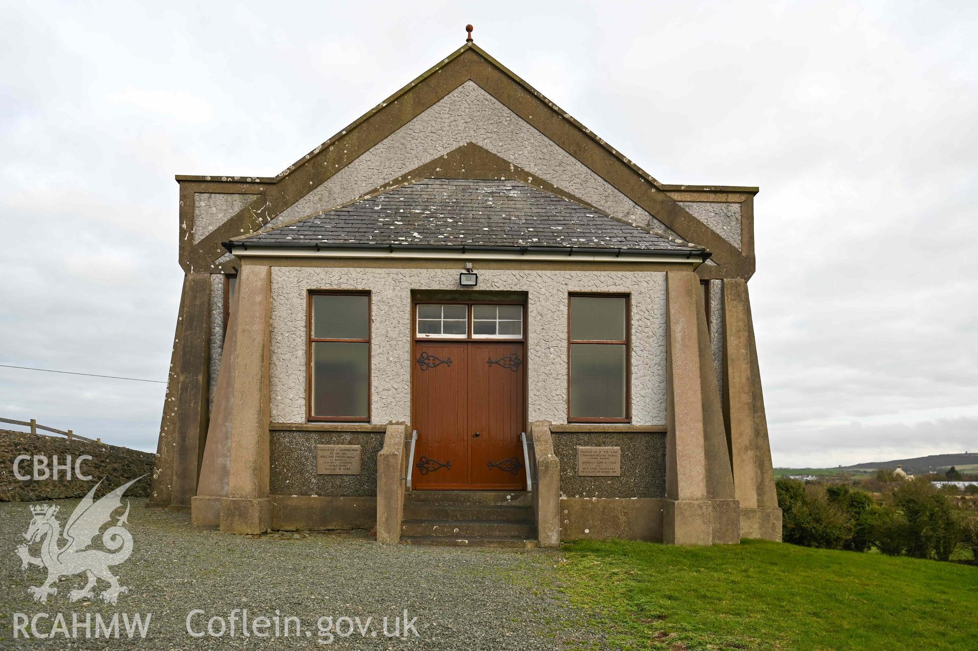 Rehoboth Chapel - Detailed view of the front of the chapel, inscriptions and door details visible, taken from North-West