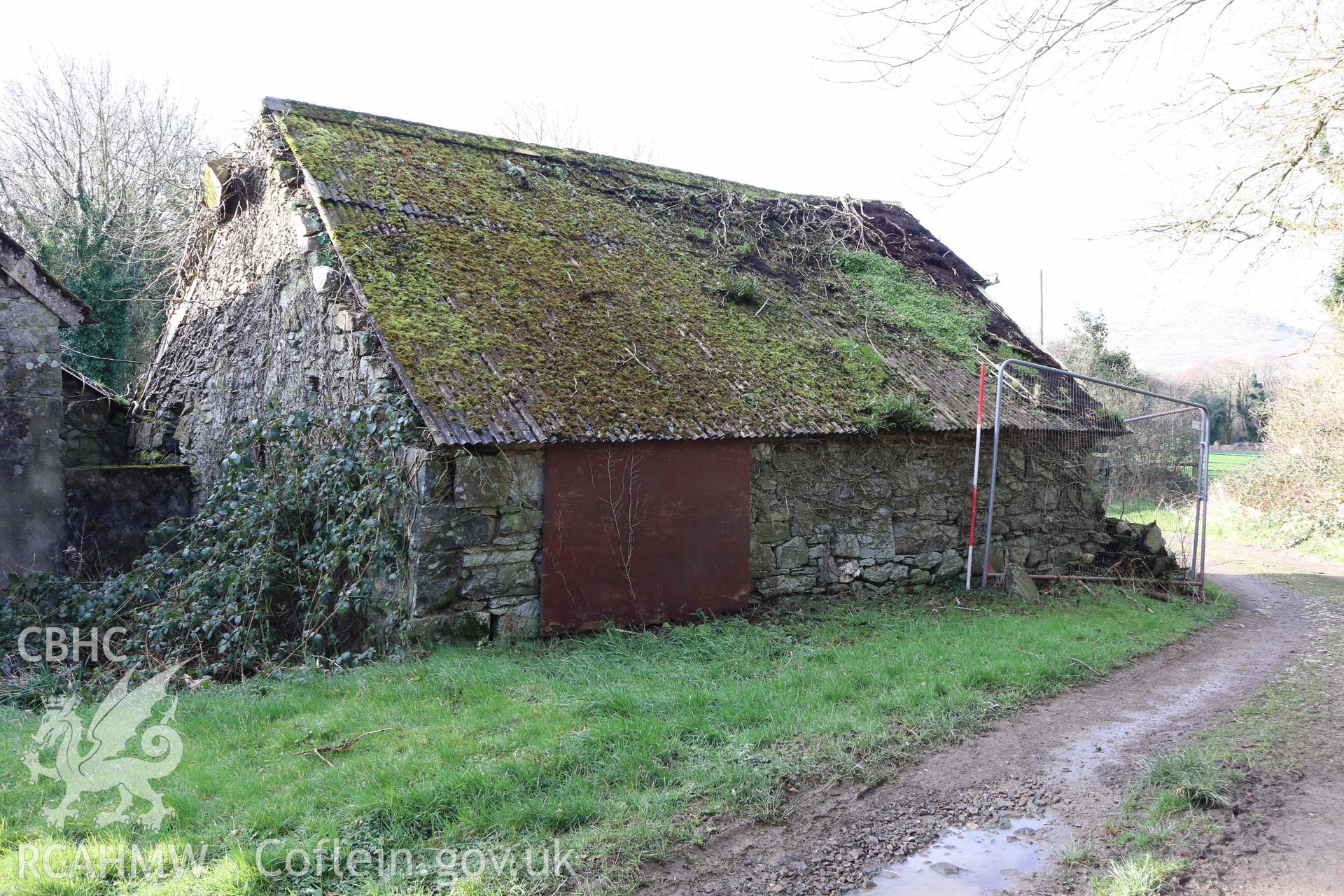 Photograph showing View of Pentre Evan Farm, from an Archaeological Building Investigation, Recording and Watching Brief of Canolfan yr Urdd, Pentre Efan, carried out by HRS Wales in 2023.