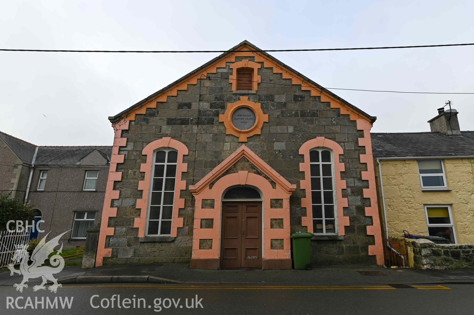 Jerusalem Welsh Baptist Church - View of the church front with adjacent houses, taken from East