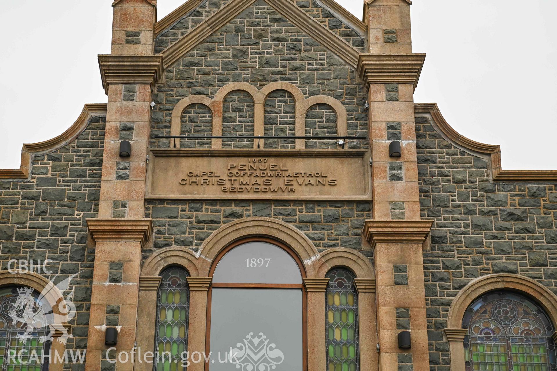 Penuel Welsh Baptist Church - Detailed view of the p,aque above the church entrance, taken from South