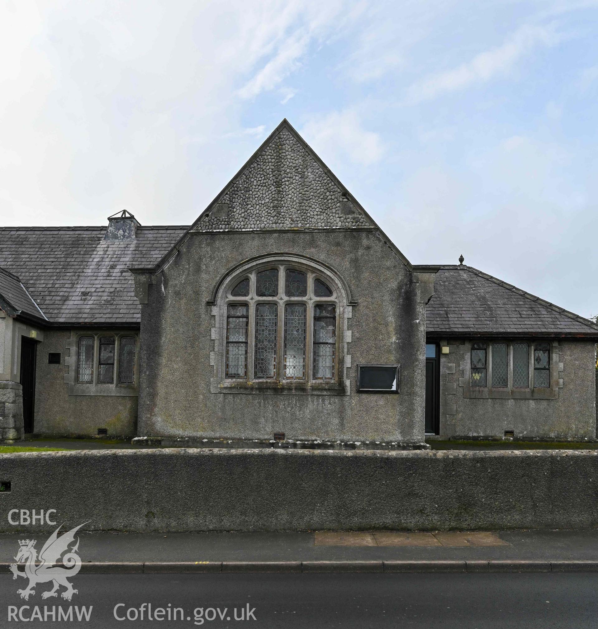 Benllech Welsh Calvinistic Methodist - Closer view of the front of the chapel, including the service board, taken from East