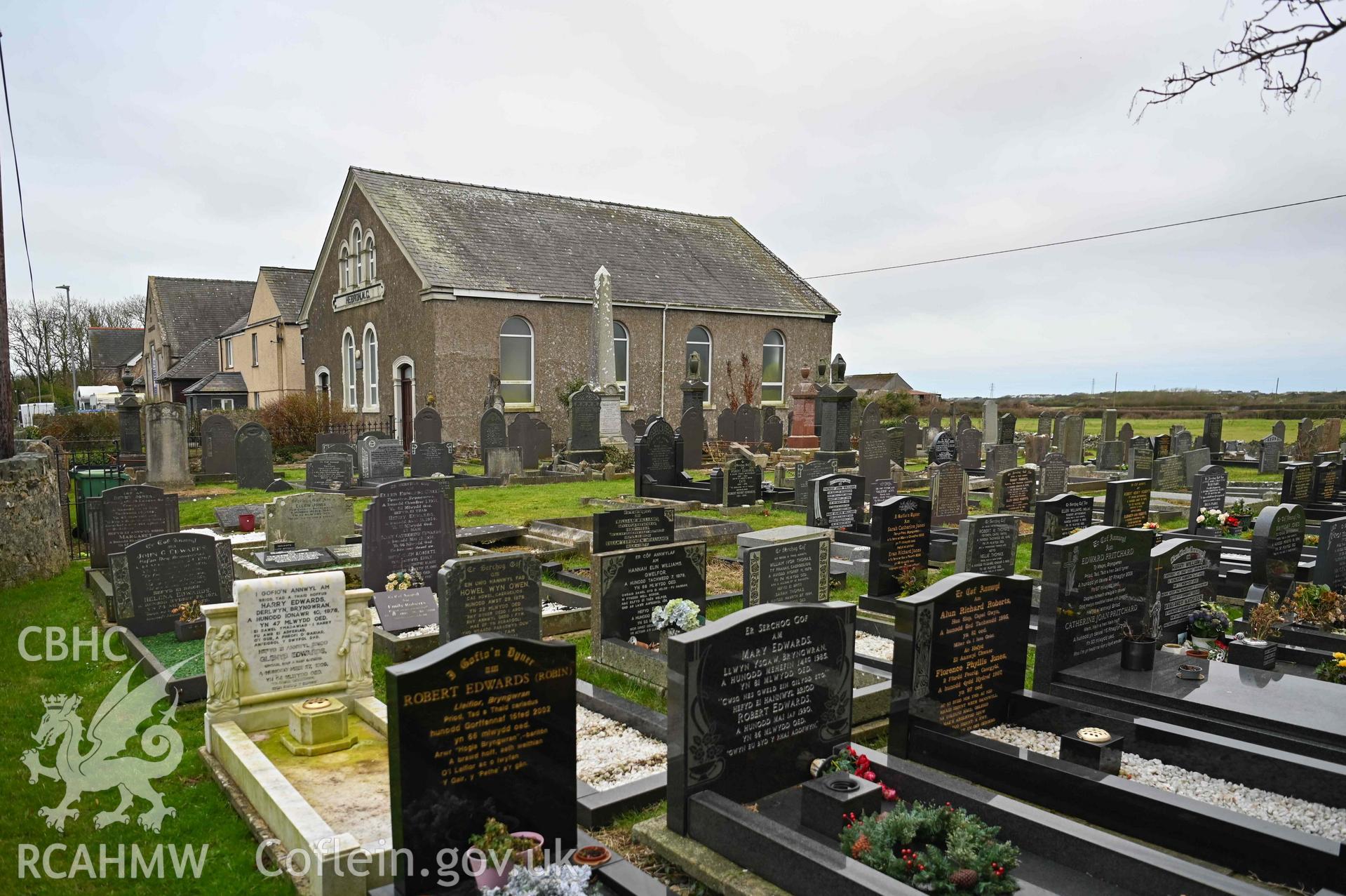 Hebron Chapel - View of the front and side of the chapel and the whole of the graveyard, taken from North-East
