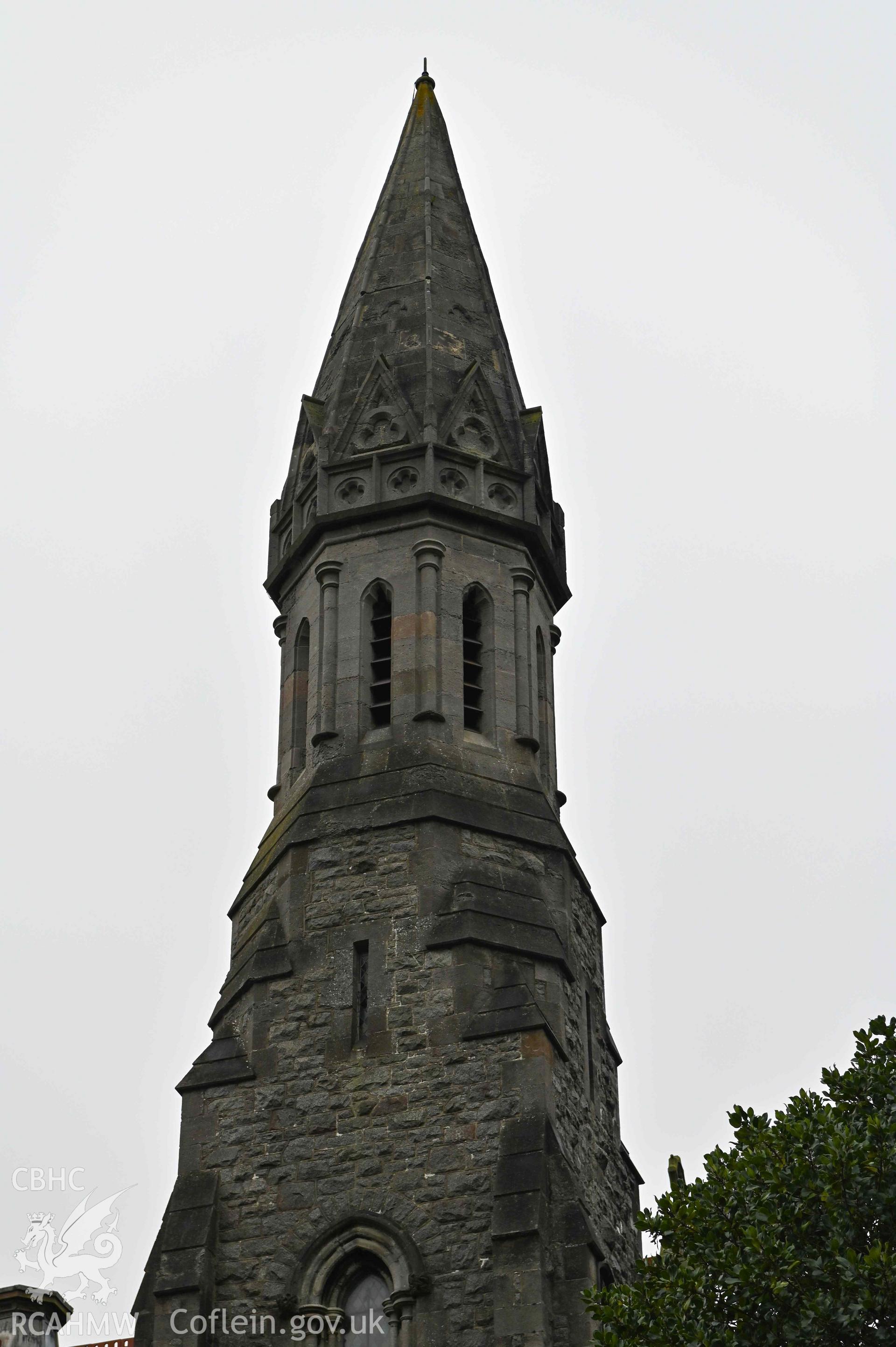 English Presbyterian Church - Detailed view of the church spire, taken from North