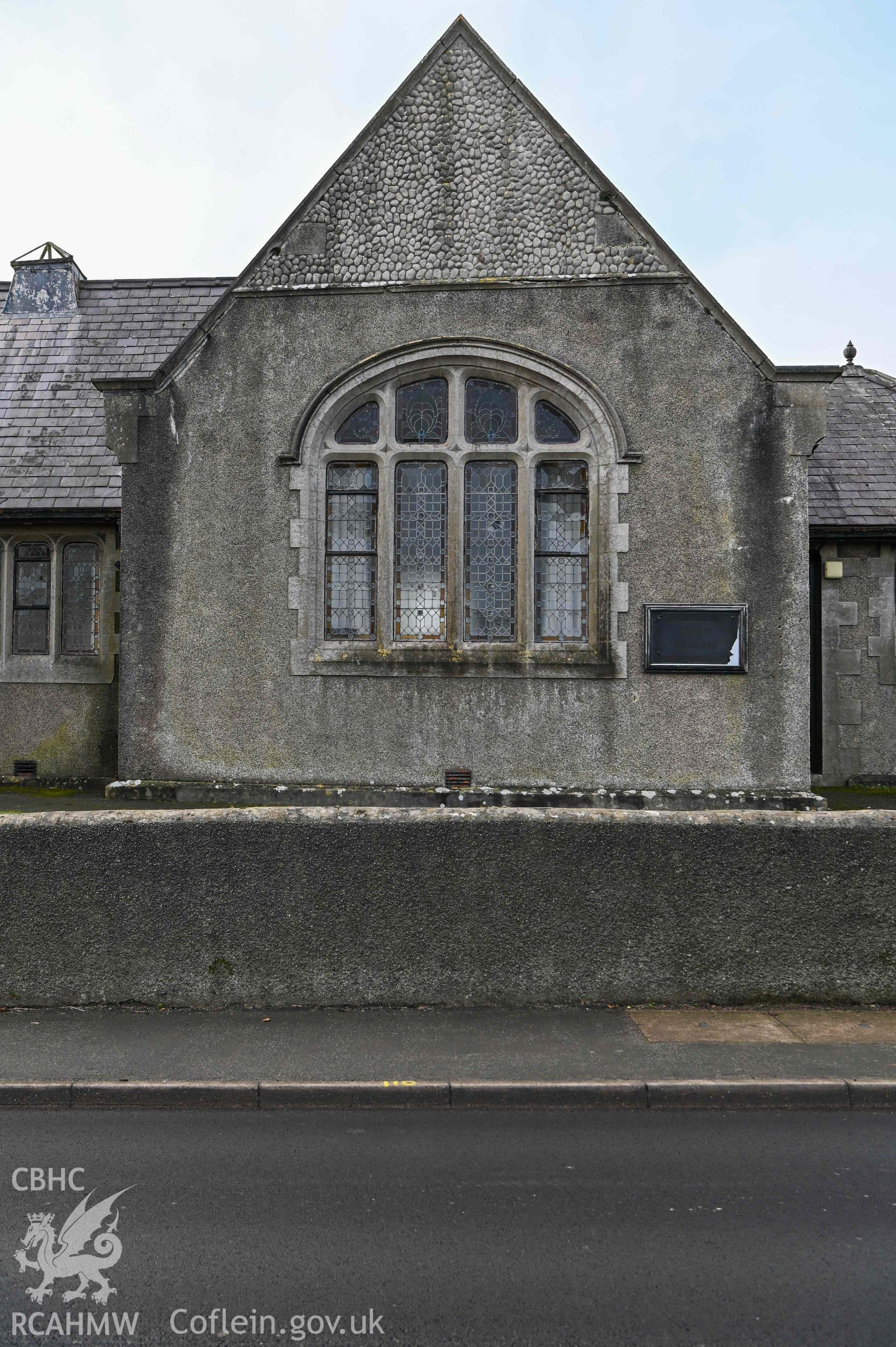 Benllech Welsh Calvinistic Methodist - Detailed view of the front of the chapel, including service board, taken from East