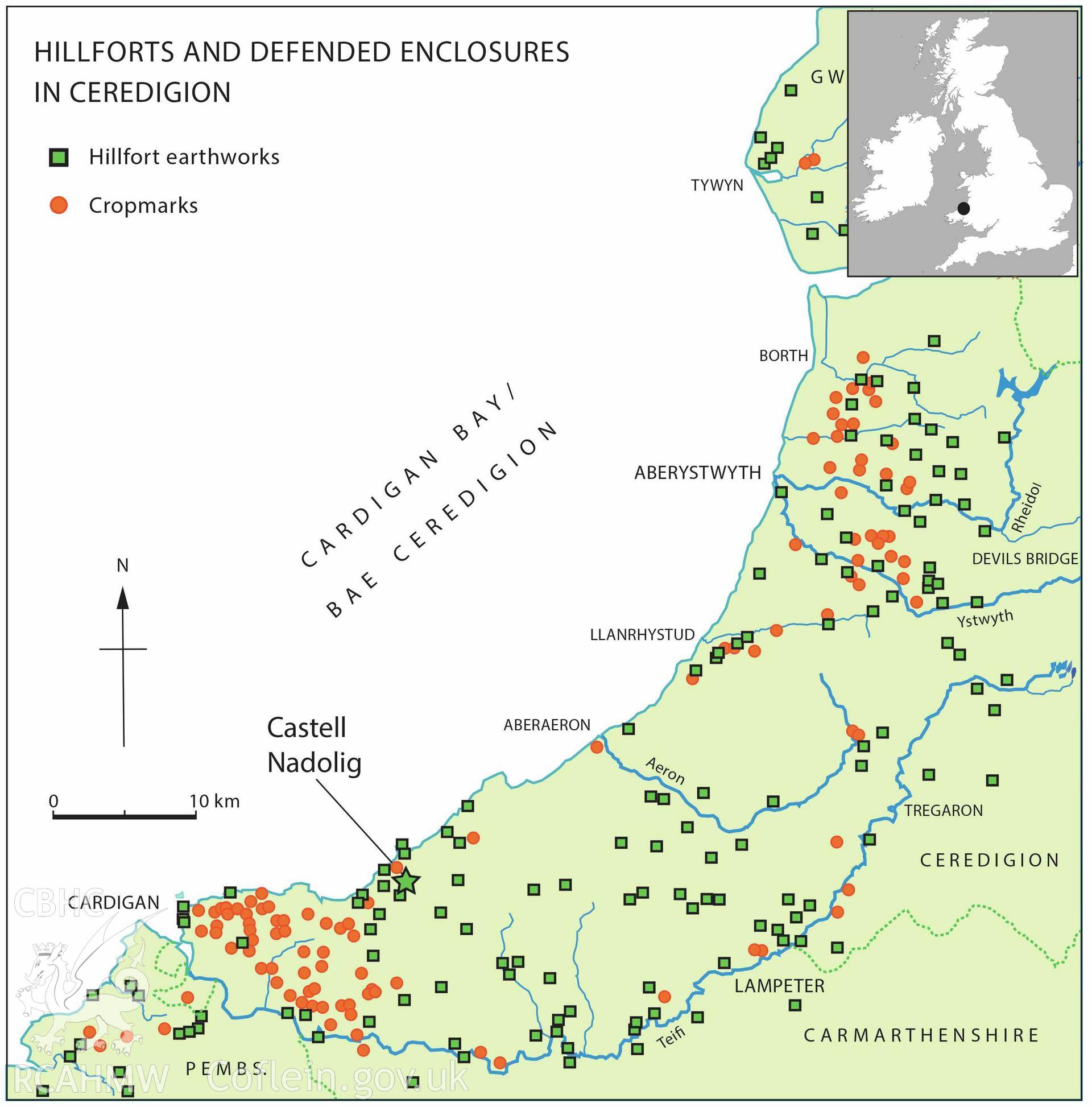 Map of hillforts and defended enclosures in Ceredigion, showing earthwork survival and cropmarks, compiled using data from the Dyfed Archaeological Trust’s Historic Environment Record and the National Monuments Record of Wales, by Toby Driver. Published as Figure 2 in Archaeologia Cambrensis 127 (2023), 87–136: Castell Nadolig hillfort and the Penbryn spoons: a new investigation