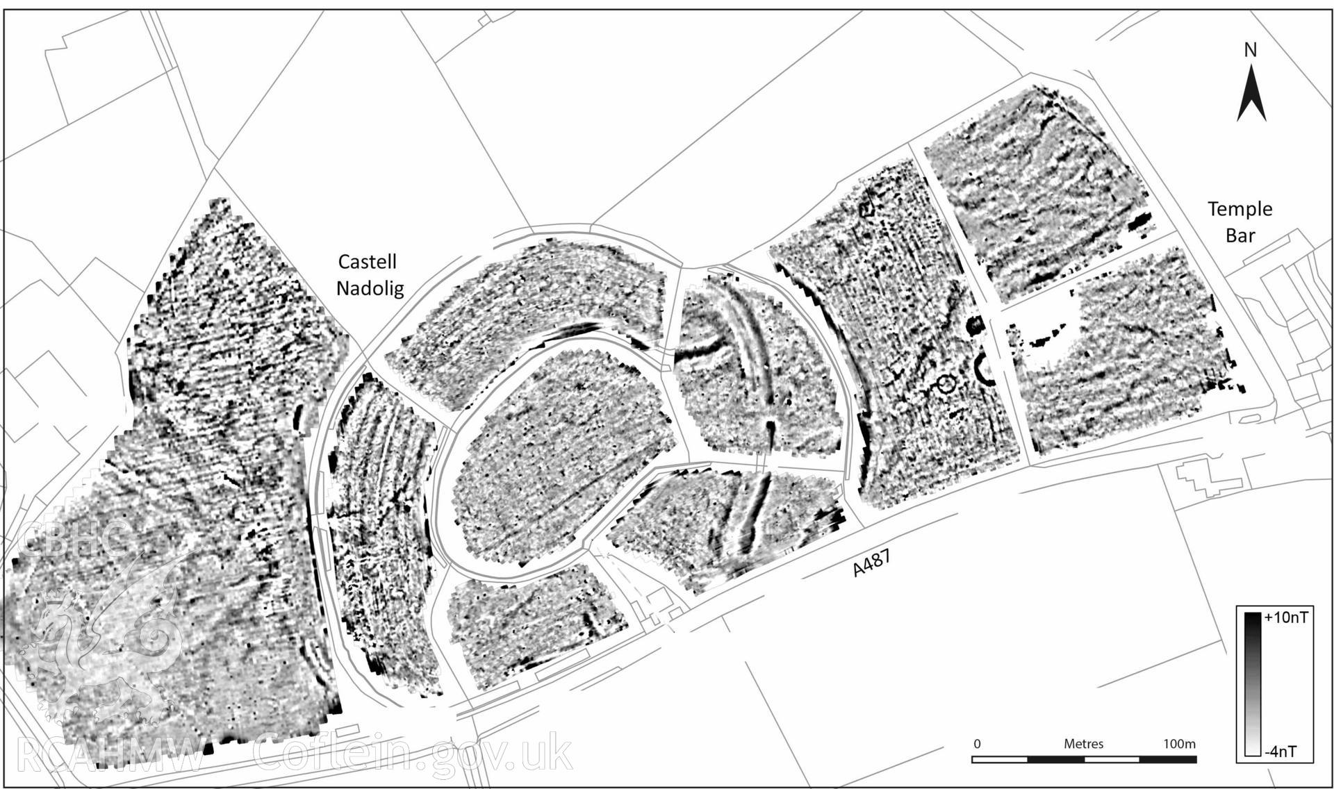 SUMO geophysical (magnetometry) survey of Castell Nadolig. The plan shows the main fort, centre, with the annexe, gateway and barrow details on the east side. Additional survey areas to the west of the fort, and in fields on the far east side, failed to yield significant addtional information. Published as Figure 10 in Archaeologia Cambrensis 127 (2023), 87–136: Castell Nadolig hillfort and the Penbryn spoons: a new investigation