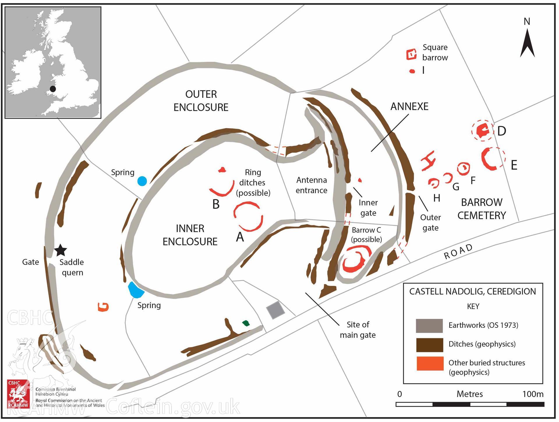Castell Nadolig. New site plan derived from Ordnance Survey earthwork detail (1974) overlain with results transcribed from recent geophysical surveys. Newly-recorded barrows are labelled A-I. Published as Figure 11 in Archaeologia Cambrensis 127 (2023), 87–136: Castell Nadolig hillfort and the Penbryn spoons: a new investigation