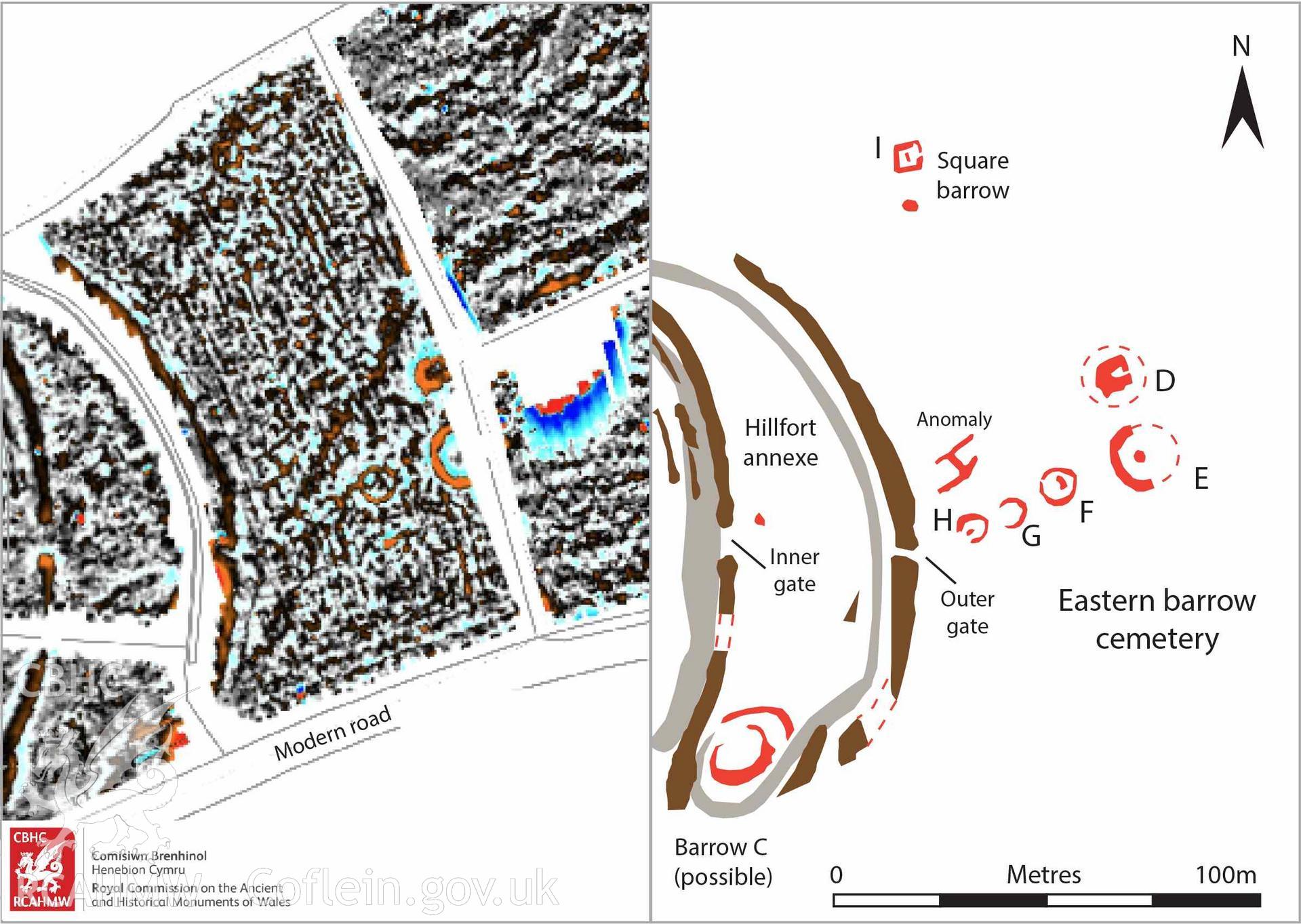 Castell Nadolig. Comparison of geophysical survey and interpretative plan of eastern barrow group