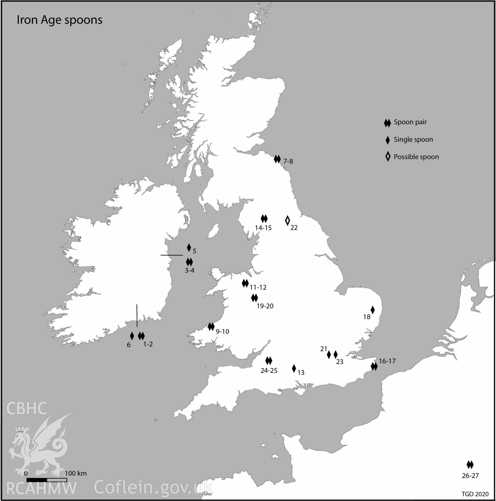 Findspots of Iron Age spoons from Britain, Ireland and northern France. (T. Driver, after Fitzpatrick 2007, fig 16.1, with additions). Published as Figure 14 in Archaeologia Cambrensis 127 (2023), 87–136: Castell Nadolig hillfort and the Penbryn spoons: a new investigation