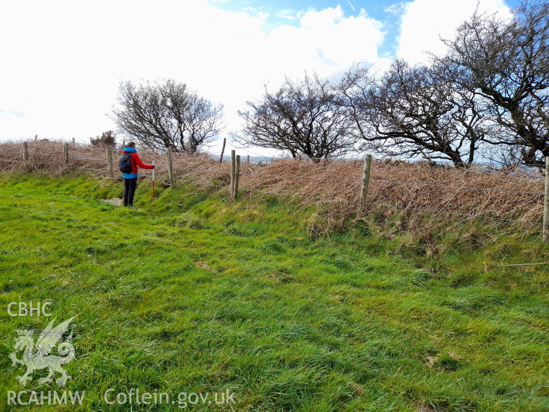 Castell Nadolig: View of northern rampart of inner enclosure, viewed from south-east