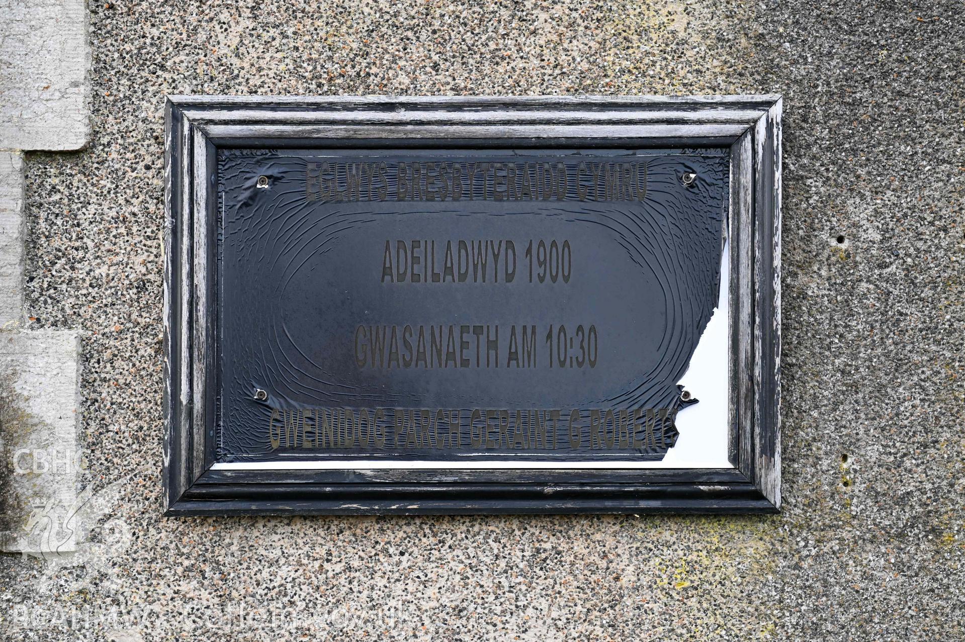 Benllech Welsh Calvinistic Methodist - Detailed view of the service board, taken from East