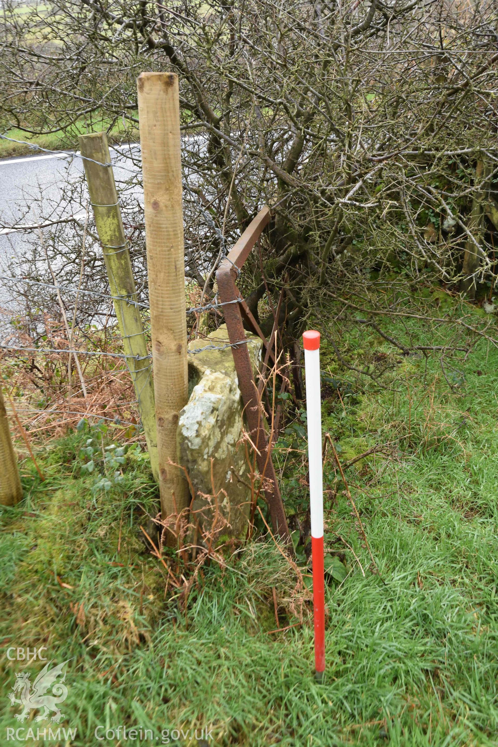 Castell Nadolig: northern stone slab of old gateway on southern defences of fort at SN 2984 5030, potentially part of original hillfort gateway