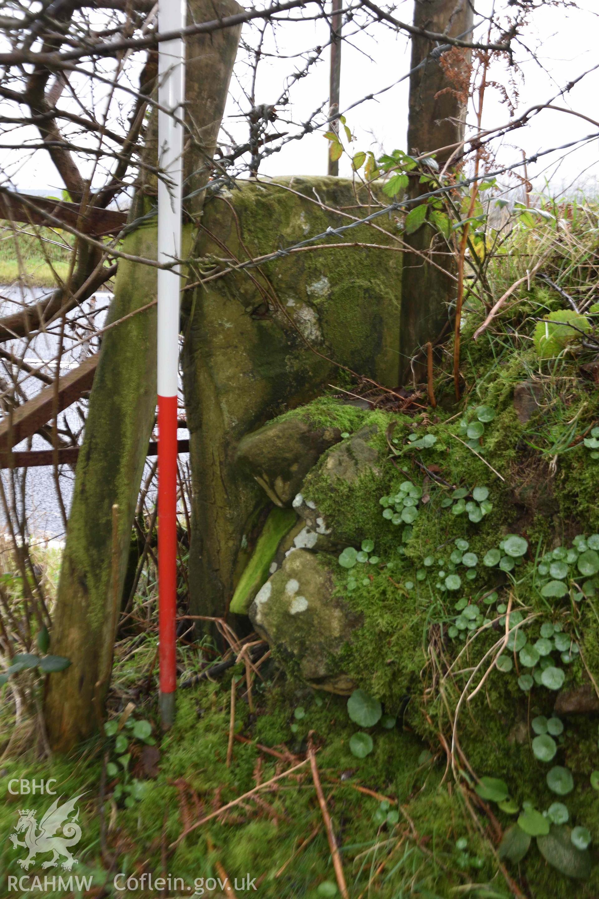 Castell Nadolig: southern stone slab of old gateway on southern defences of fort at SN 2984 5030, potentially part of original hillfort gateway