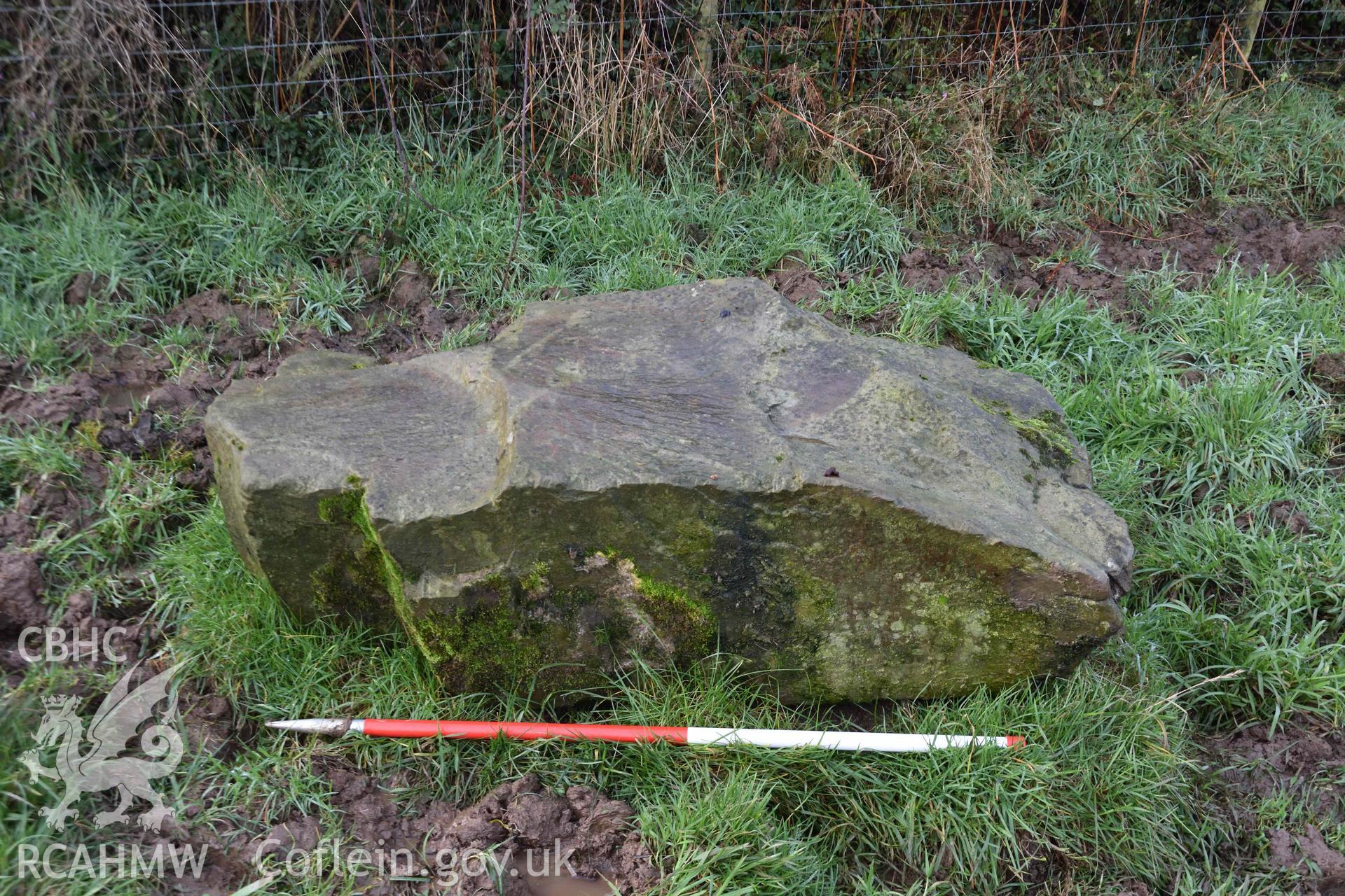 Castell Nadolig: large slab at Temple Bar farm (SN 3013 5052 approx.), out of context but thought to have been removed from hillfort annexe in the past