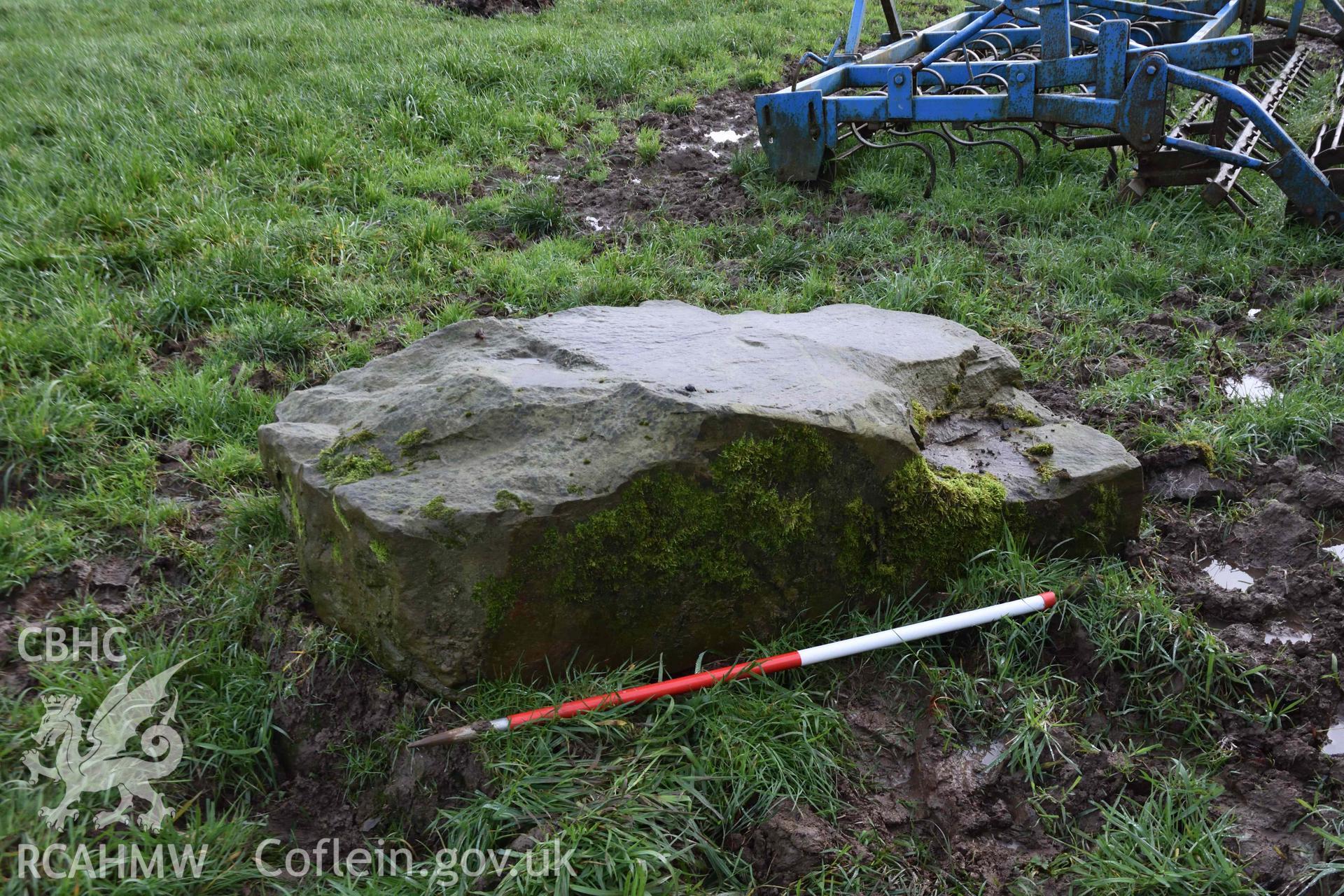 Castell Nadolig: large slab at Temple Bar farm (SN 3013 5052 approx.), out of context but thought to have been removed from hillfort annexe in the past