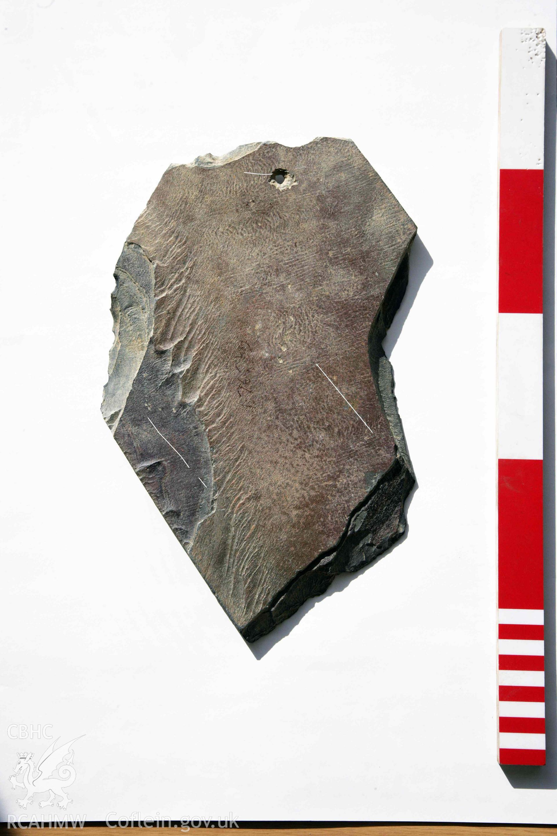 Abermagwr Roman villa: corpus of Roman slates retained in Ceredigion Museum. Roof slate 2, ABR11,  context 038. Top side. Slater's marks highlighted