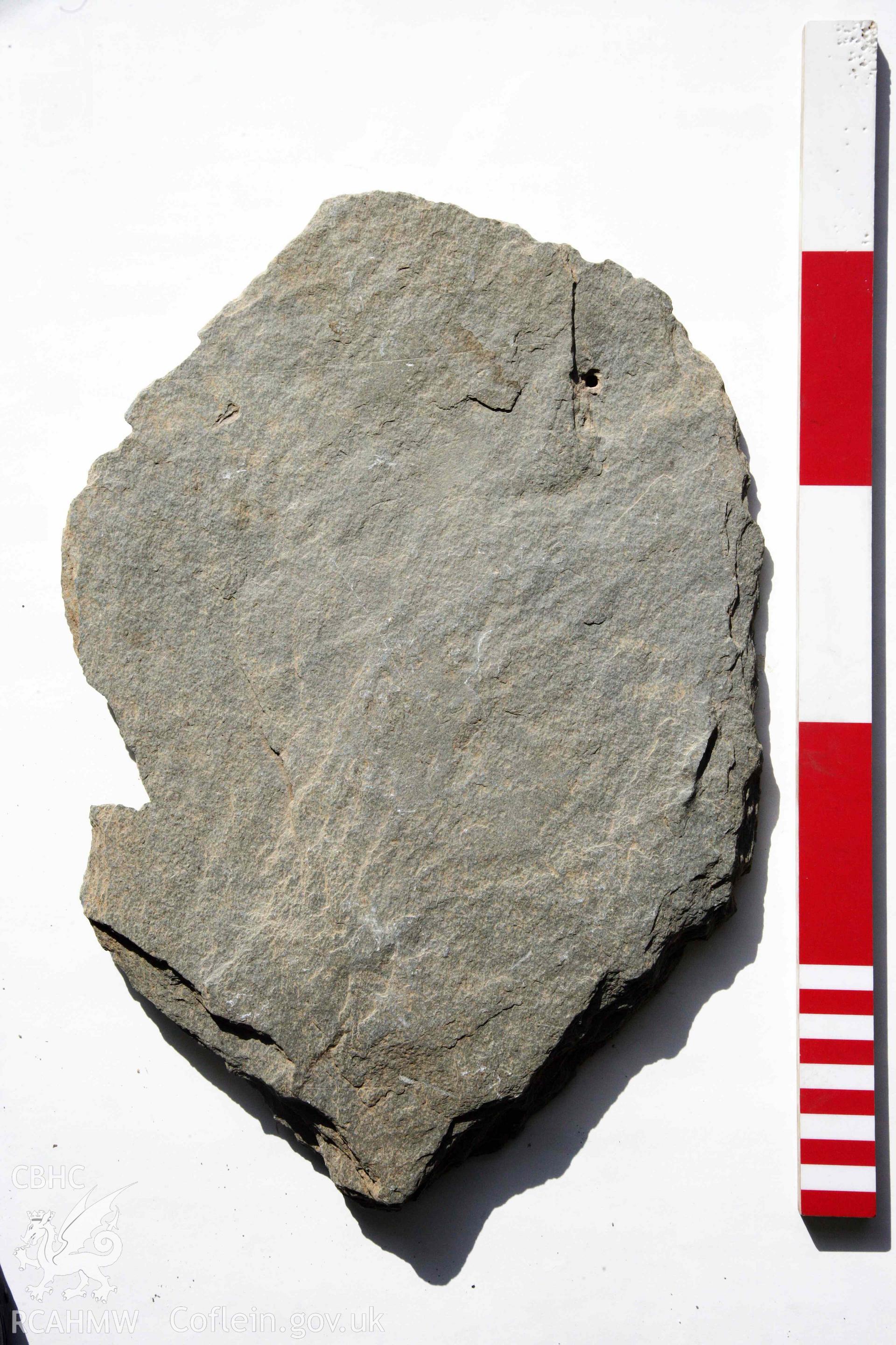 Abermagwr Roman villa: corpus of Roman slates retained in Ceredigion Museum. Roof slate 3, ABR11,  Trench C, context 051. Top side.