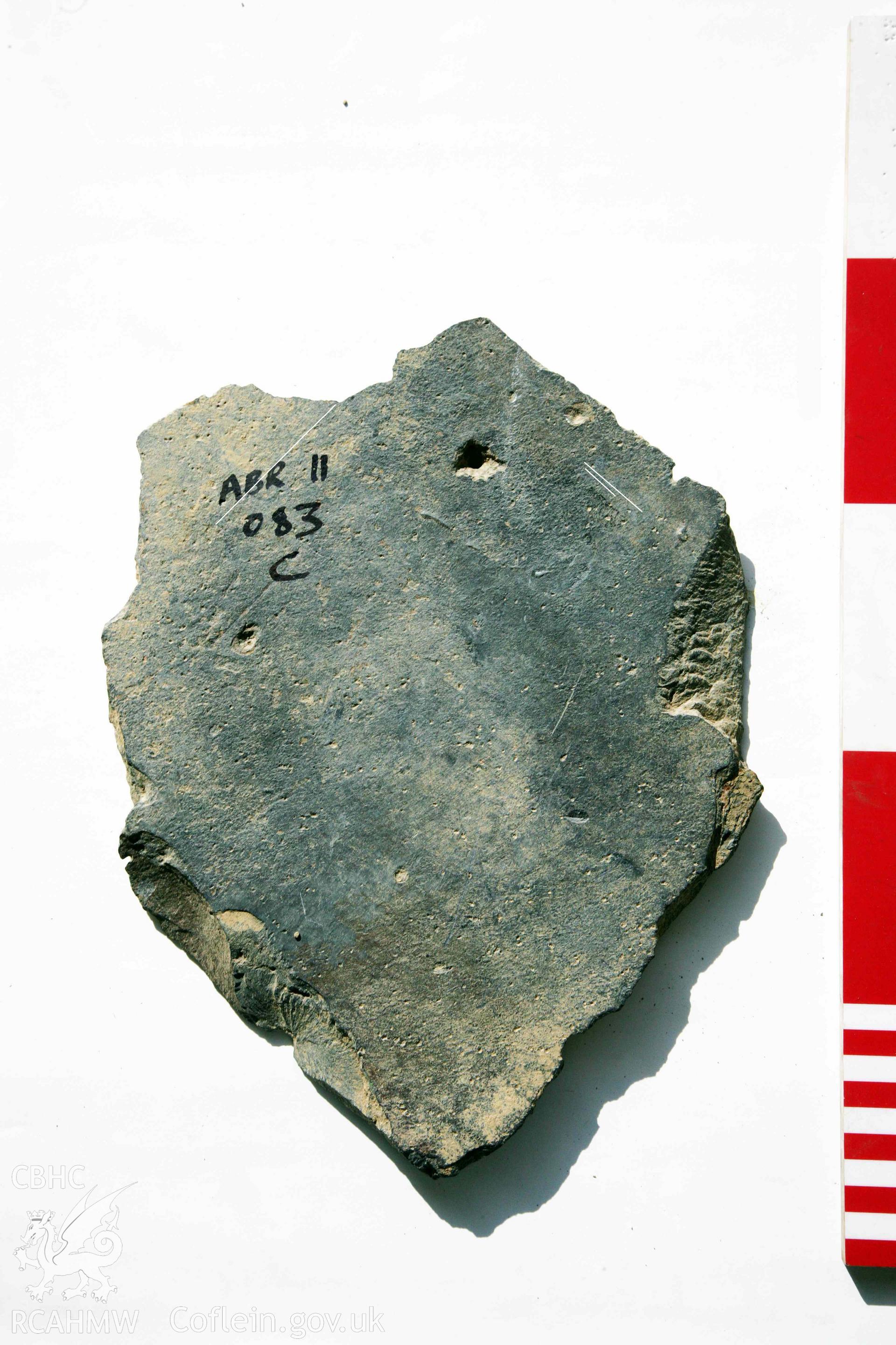 Abermagwr Roman villa: corpus of Roman slates retained in Ceredigion Museum. Roof slate 5, ABR11,  Trench C, context 083. Top side. Slater's marks highlighted