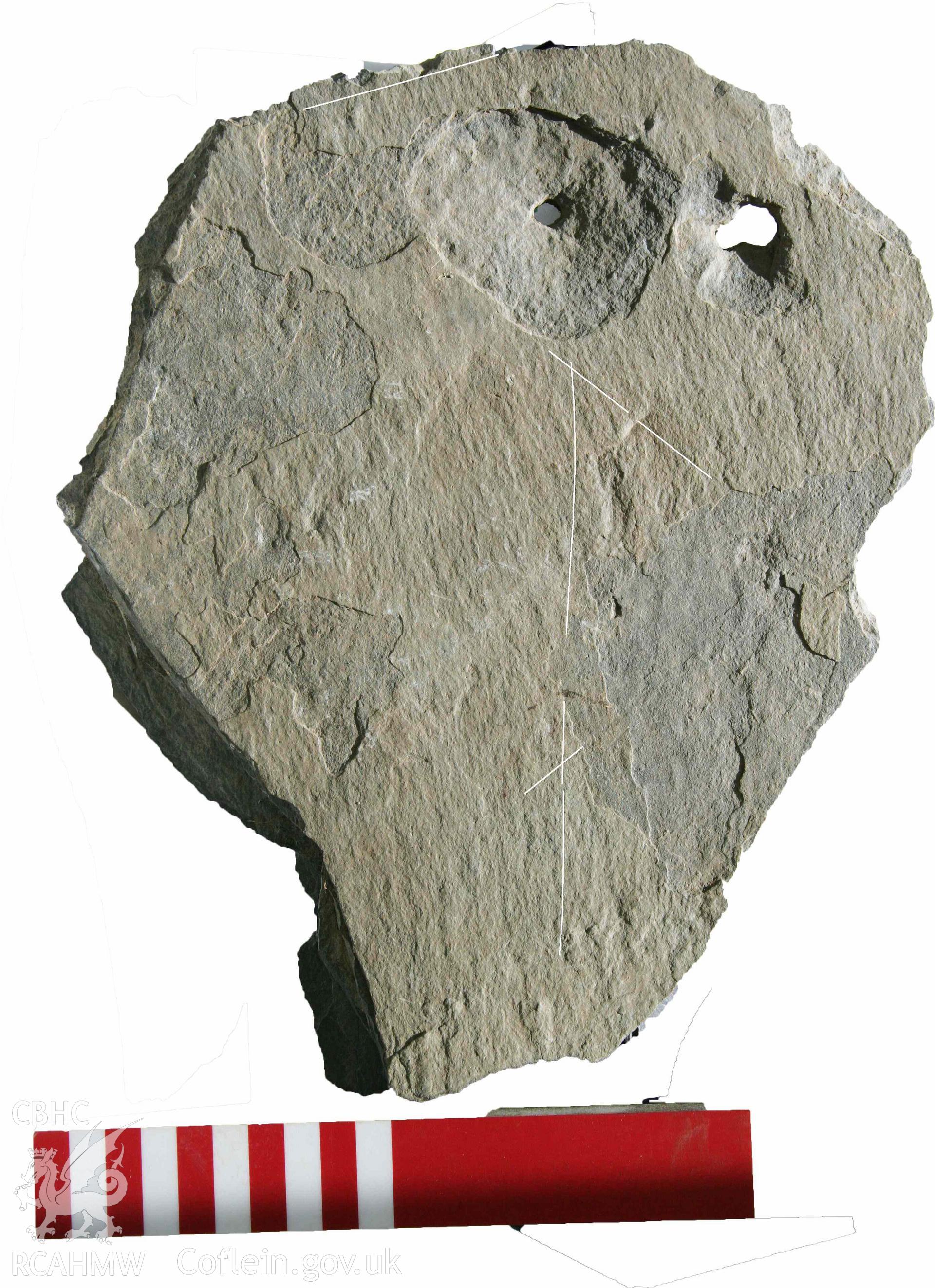 Abermagwr Roman villa: corpus of Roman slates retained in Ceredigion Museum. Roof slate 7, ABR11,  Trench E, context 082. Underside. Slater's marks highlighted