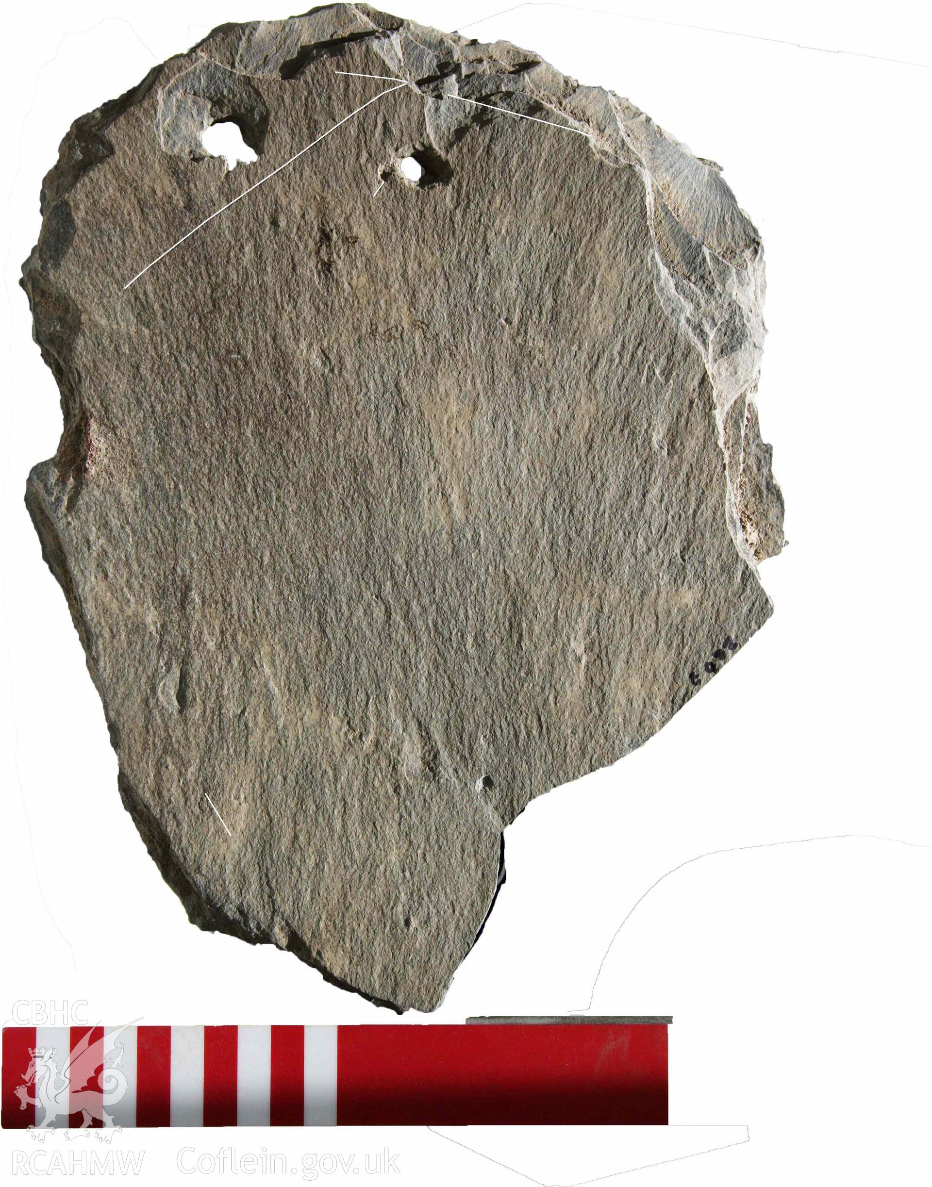 Abermagwr Roman villa: corpus of Roman slates retained in Ceredigion Museum. Roof slate 7, ABR11,  Trench E, context 082. Slater's marks highlighted