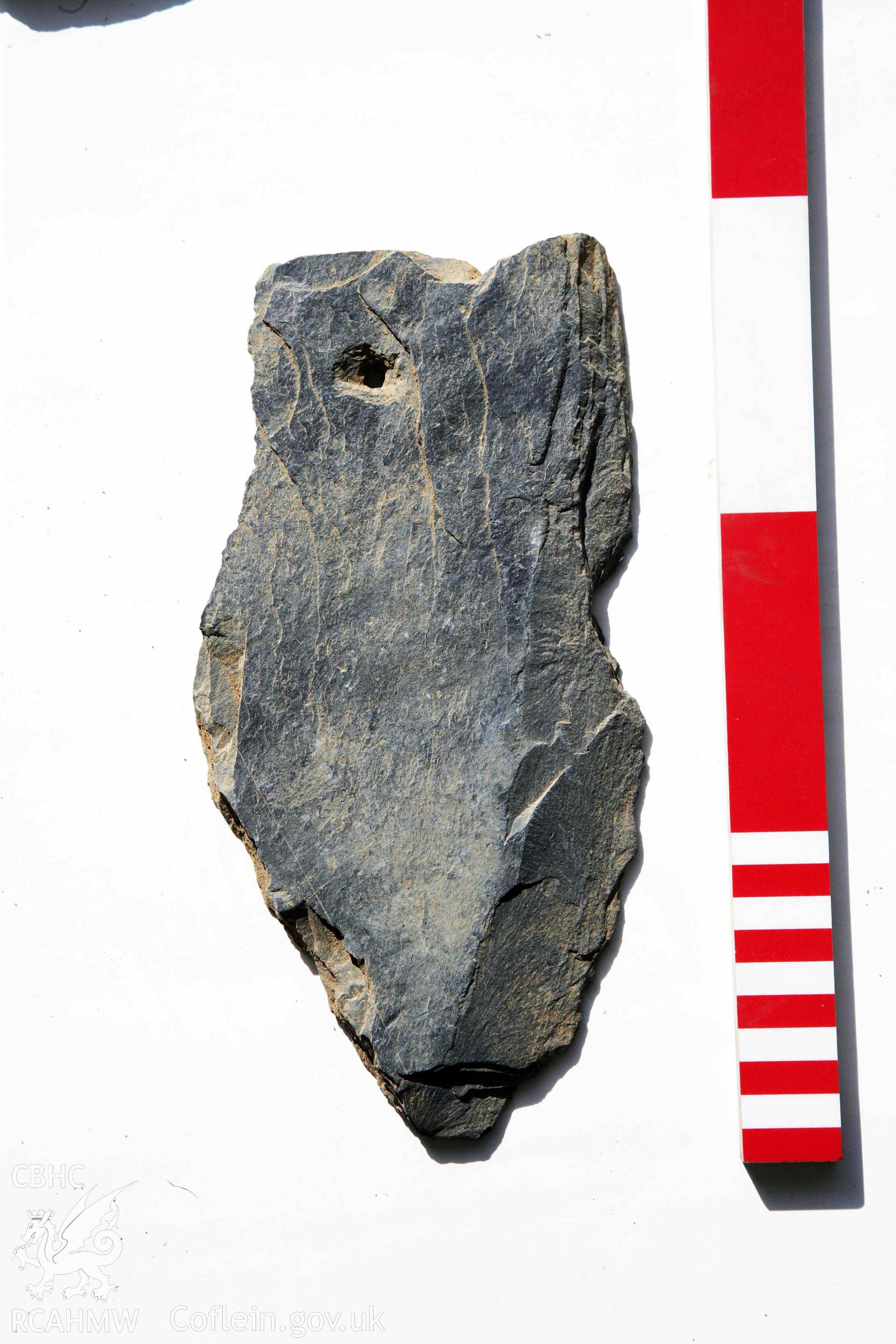 Abermagwr Roman villa: corpus of Roman slates retained in Ceredigion Museum. Roof slate 9, ABR10, context 004. Top side.