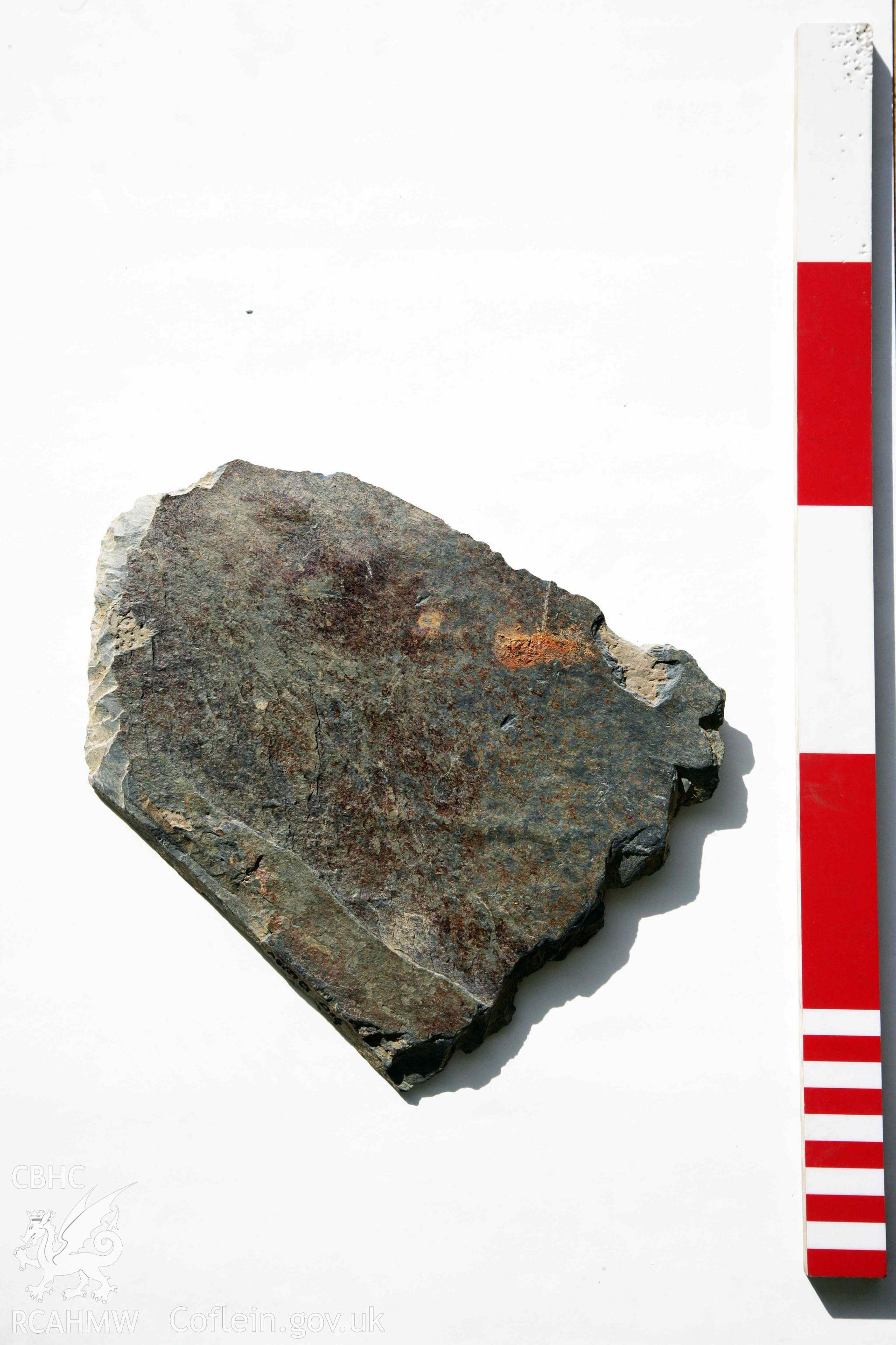 Abermagwr Roman villa: corpus of Roman slates retained in Ceredigion Museum. Roof slate 19, ABR10, context 014. Top side