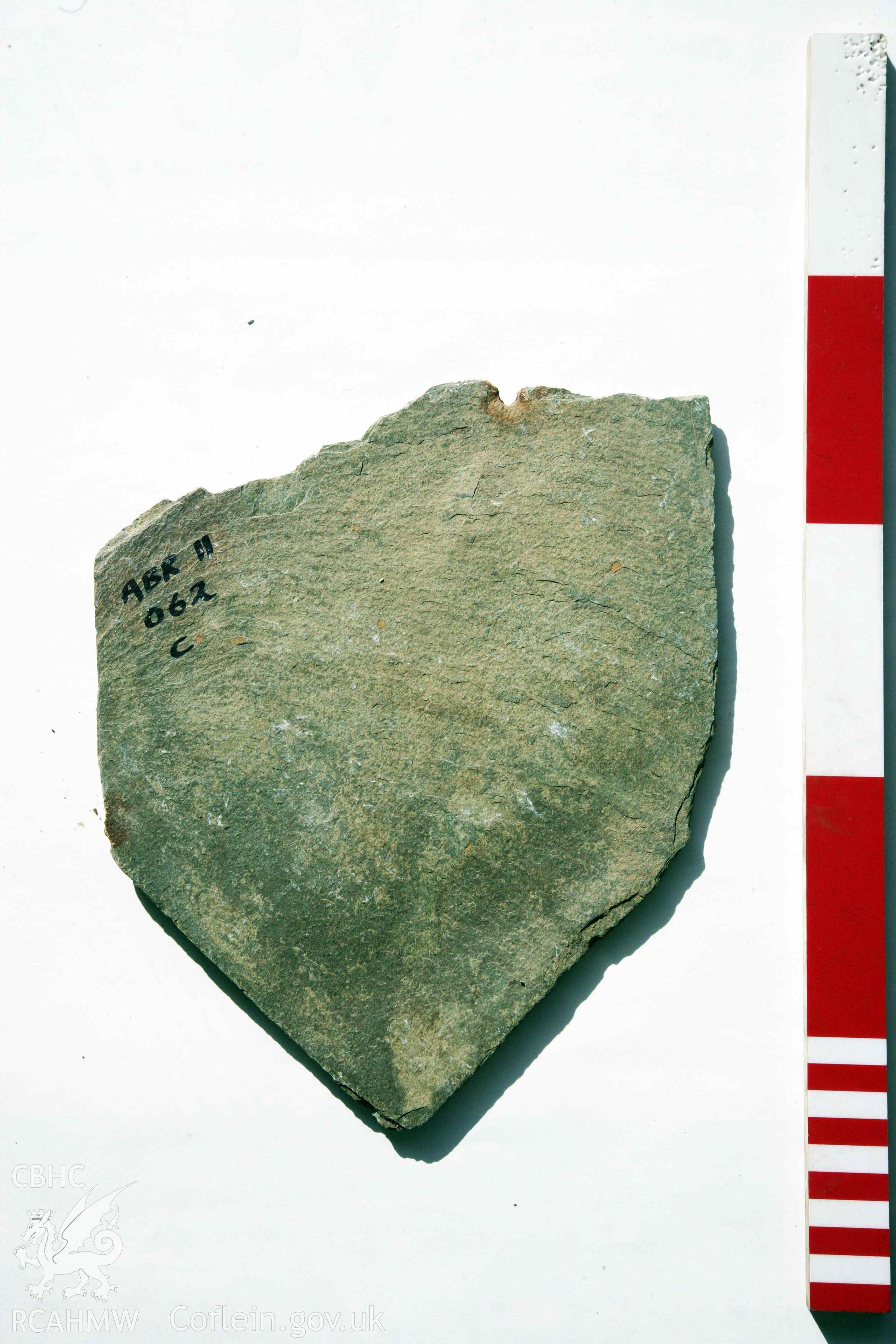 Abermagwr Roman villa: corpus of Roman slates retained in Ceredigion Museum. Roof slate 22, ABR11, Trench C, context 062. Underside