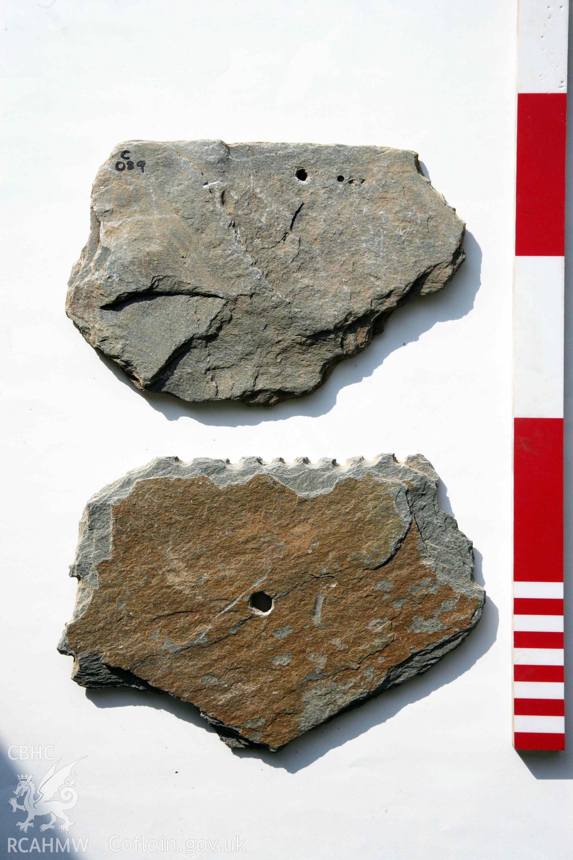 Abermagwr Roman villa: corpus of Roman slates retained in Ceredigion Museum. Edging roof slates 23 and 24. Top - context 089, bottom context 079.